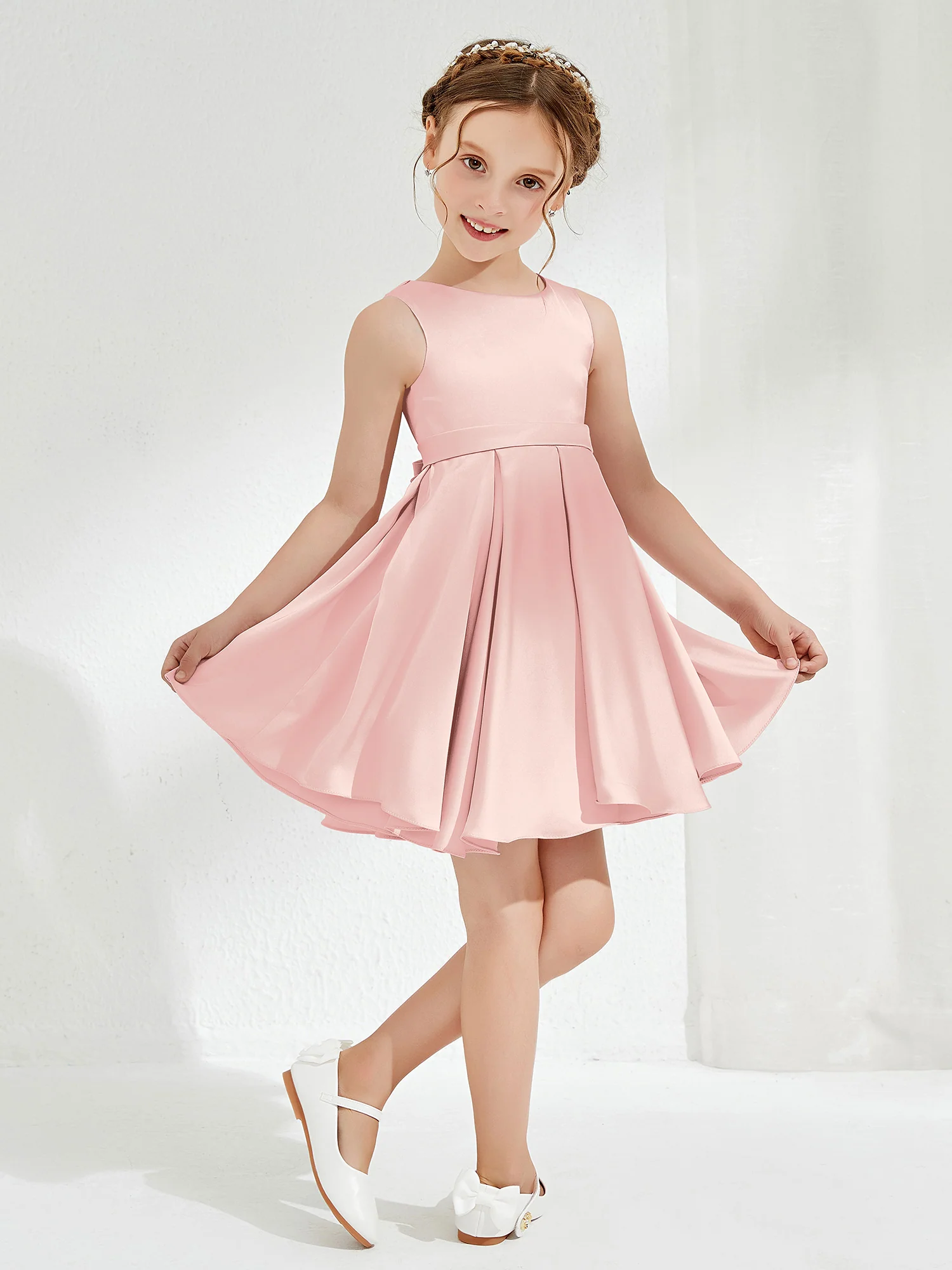 Cute Scoop Pleated Knee-Length Girl's Dress Blushing Pink