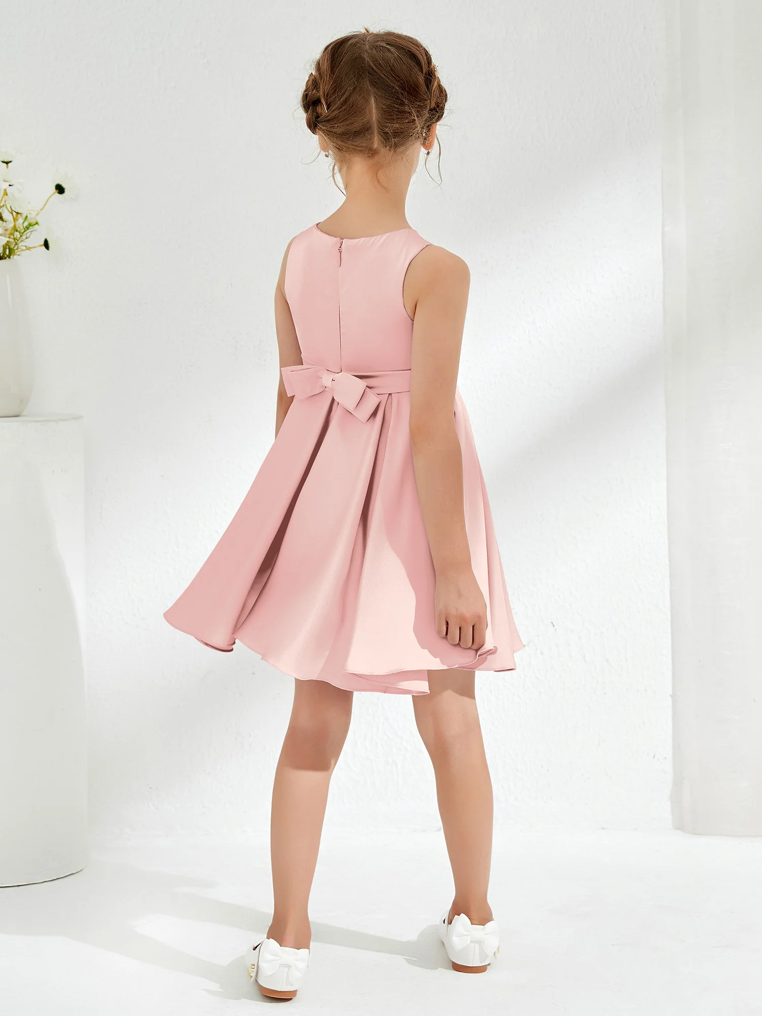 Cute Scoop Pleated Knee-Length Girl's Dress Blushing Pink - Image 2