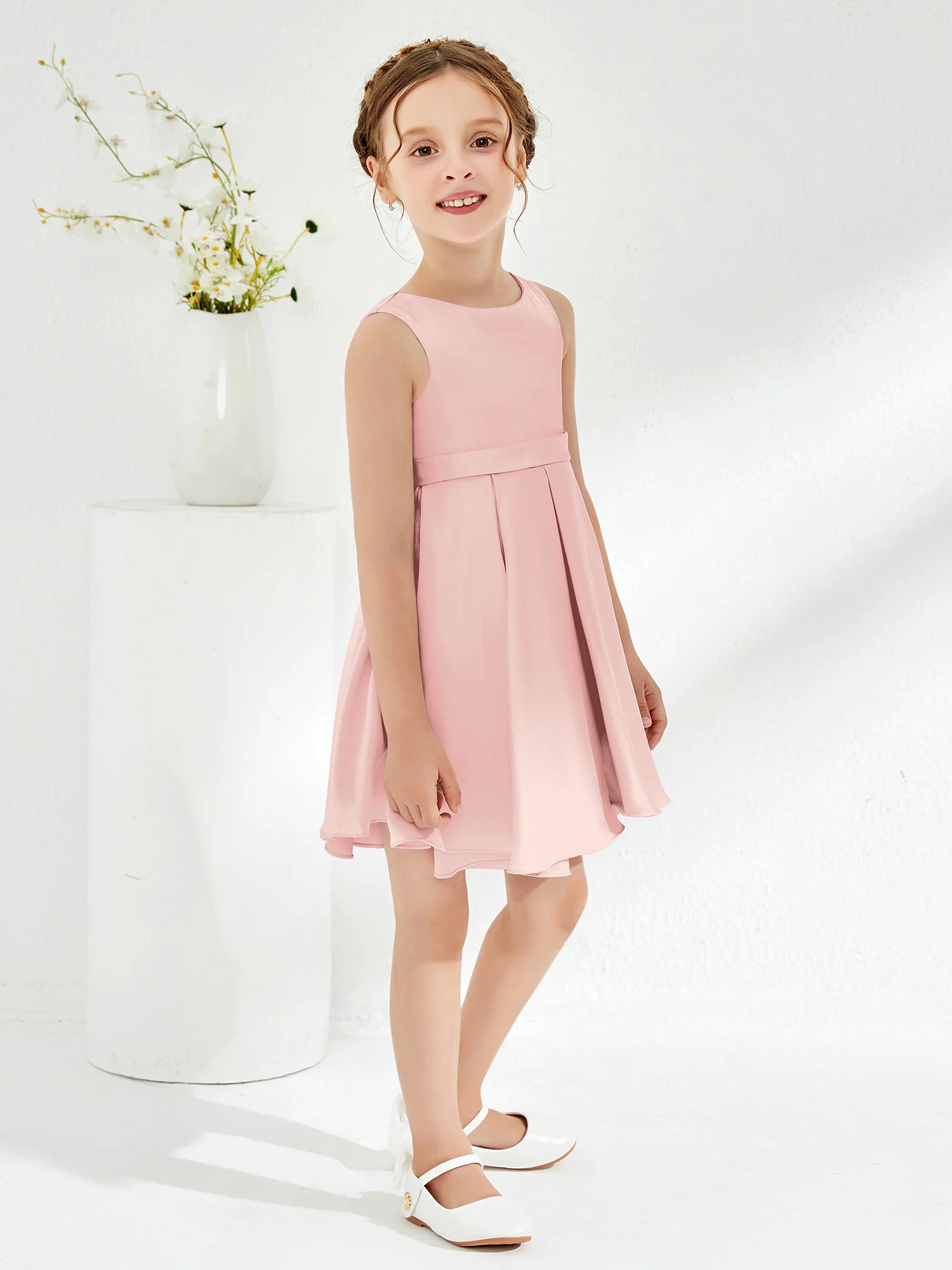 Cute Scoop Pleated Knee-Length Girl's Dress Blushing Pink - Image 3