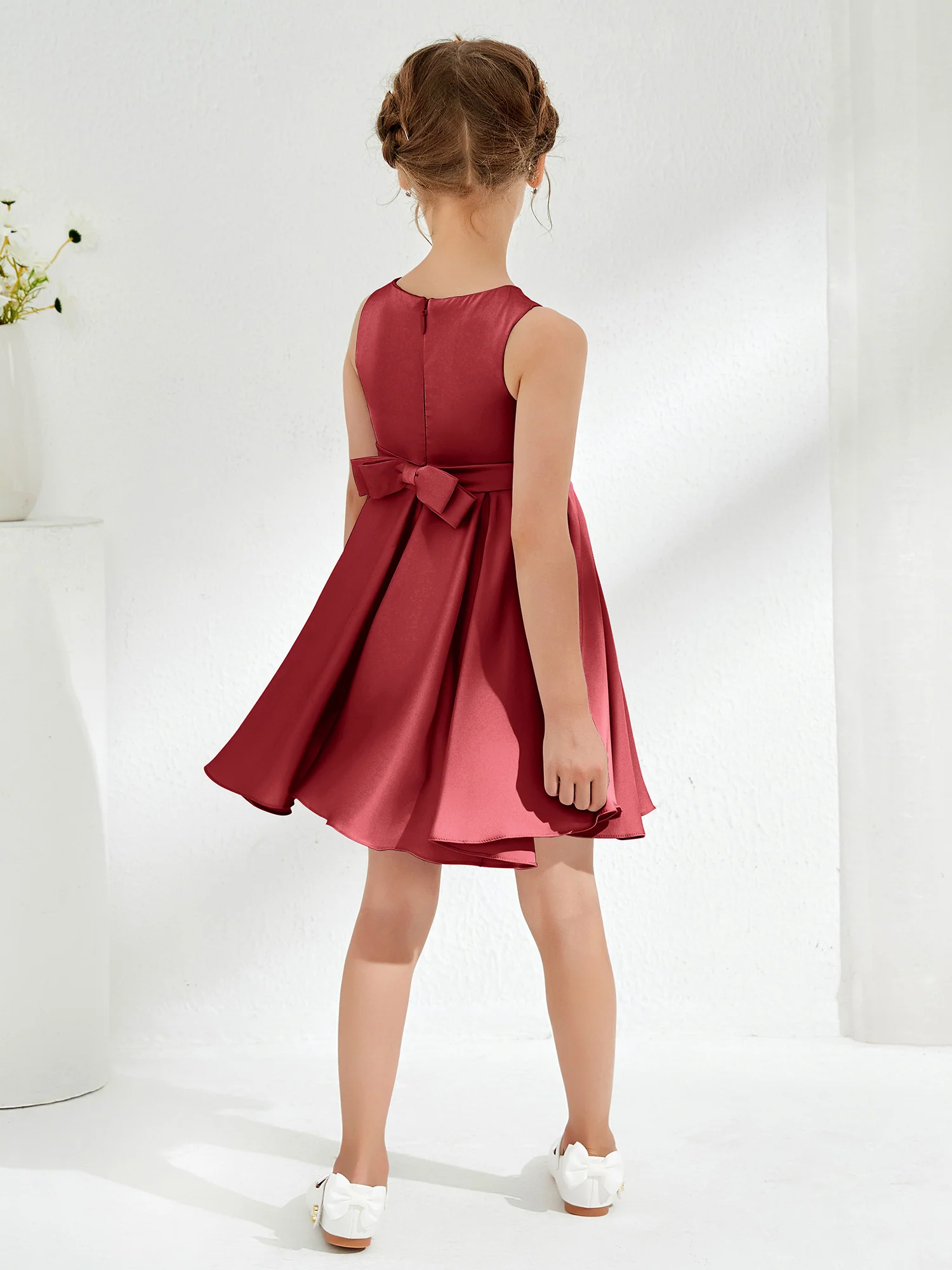 Cute Scoop Pleated Knee-Length Girl's Dress Burgundy - Image 2