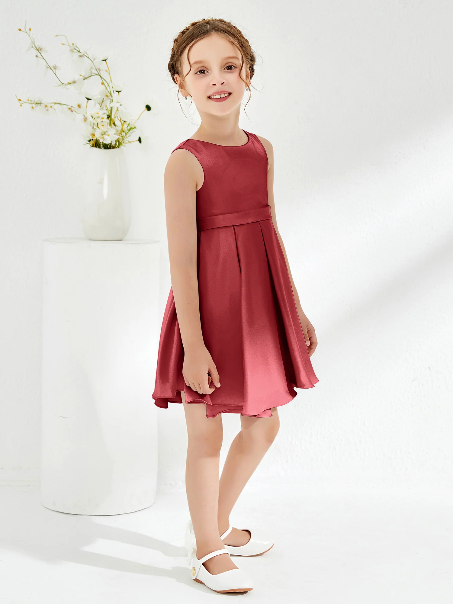 Cute Scoop Pleated Knee-Length Girl's Dress Burgundy - Image 3