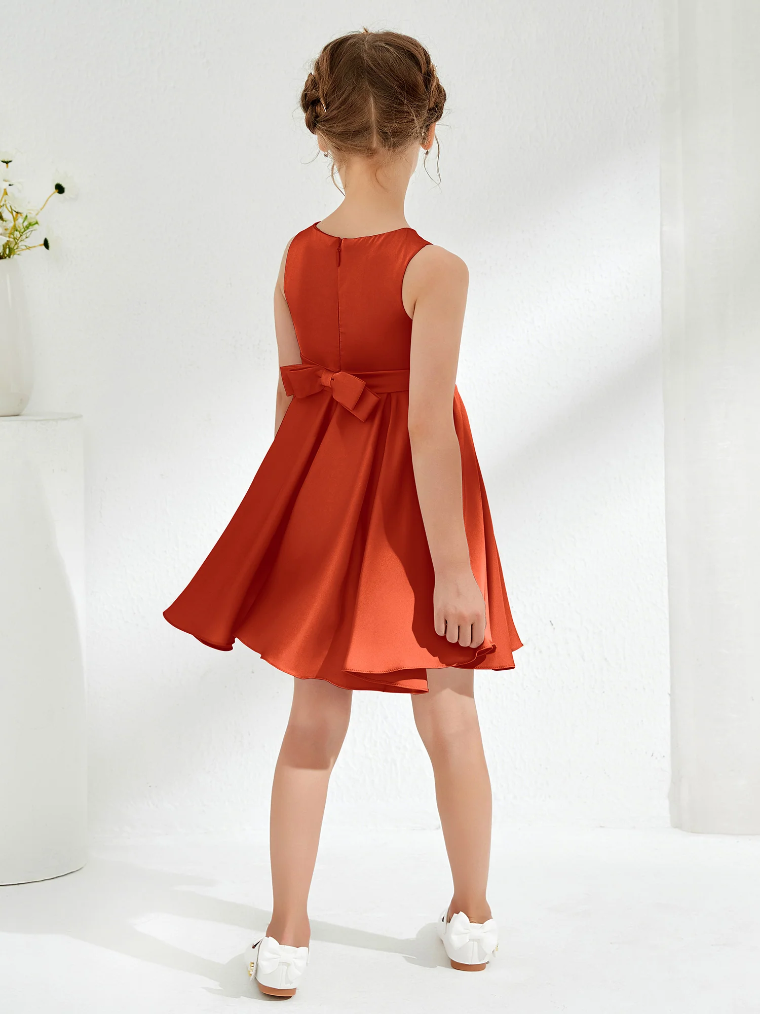 Cute Scoop Pleated Knee-Length Girl's Dress Burnt Orange - Image 2