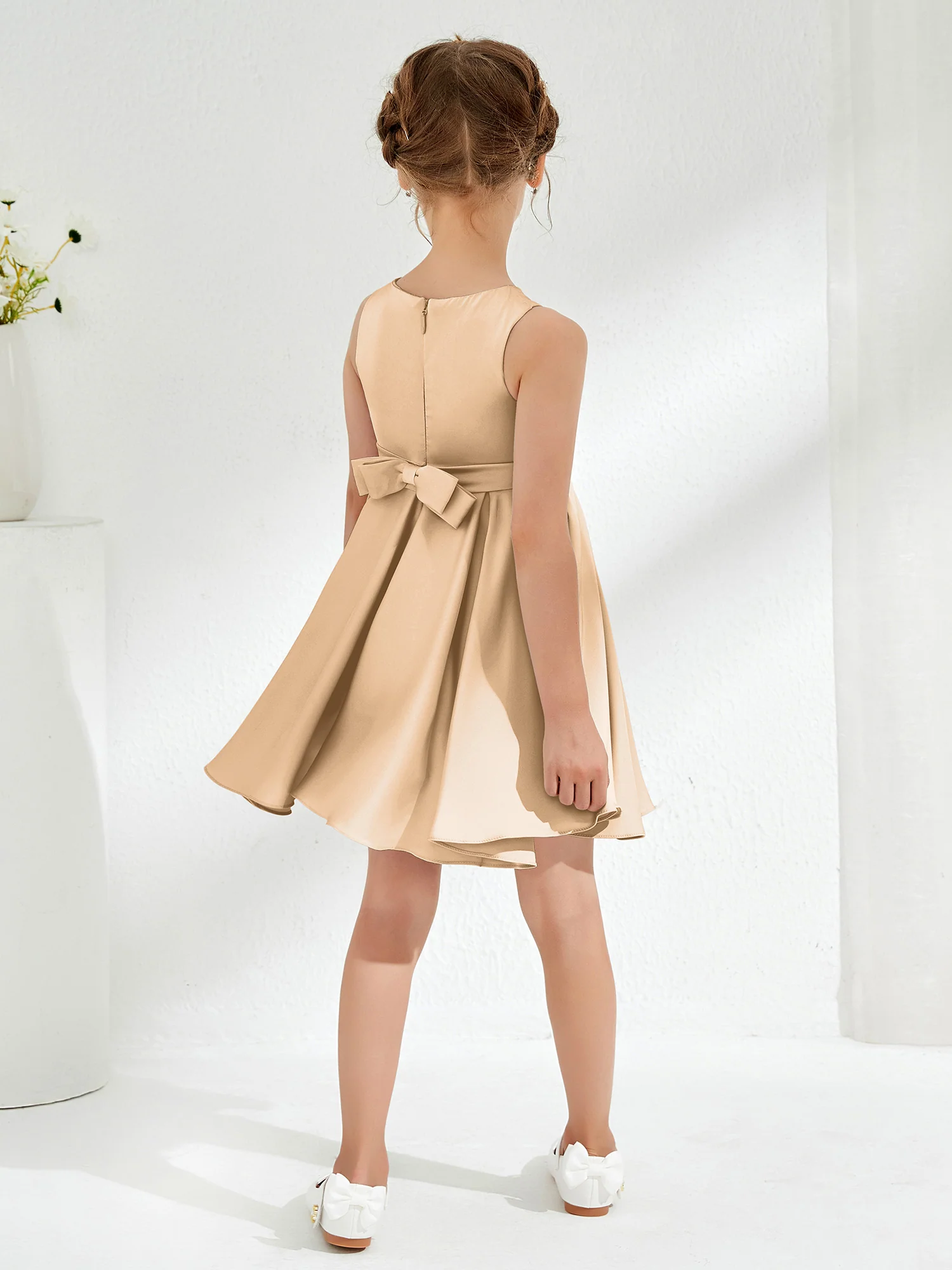 Cute Scoop Pleated Knee-Length Girl's Dress Champagne - Image 2