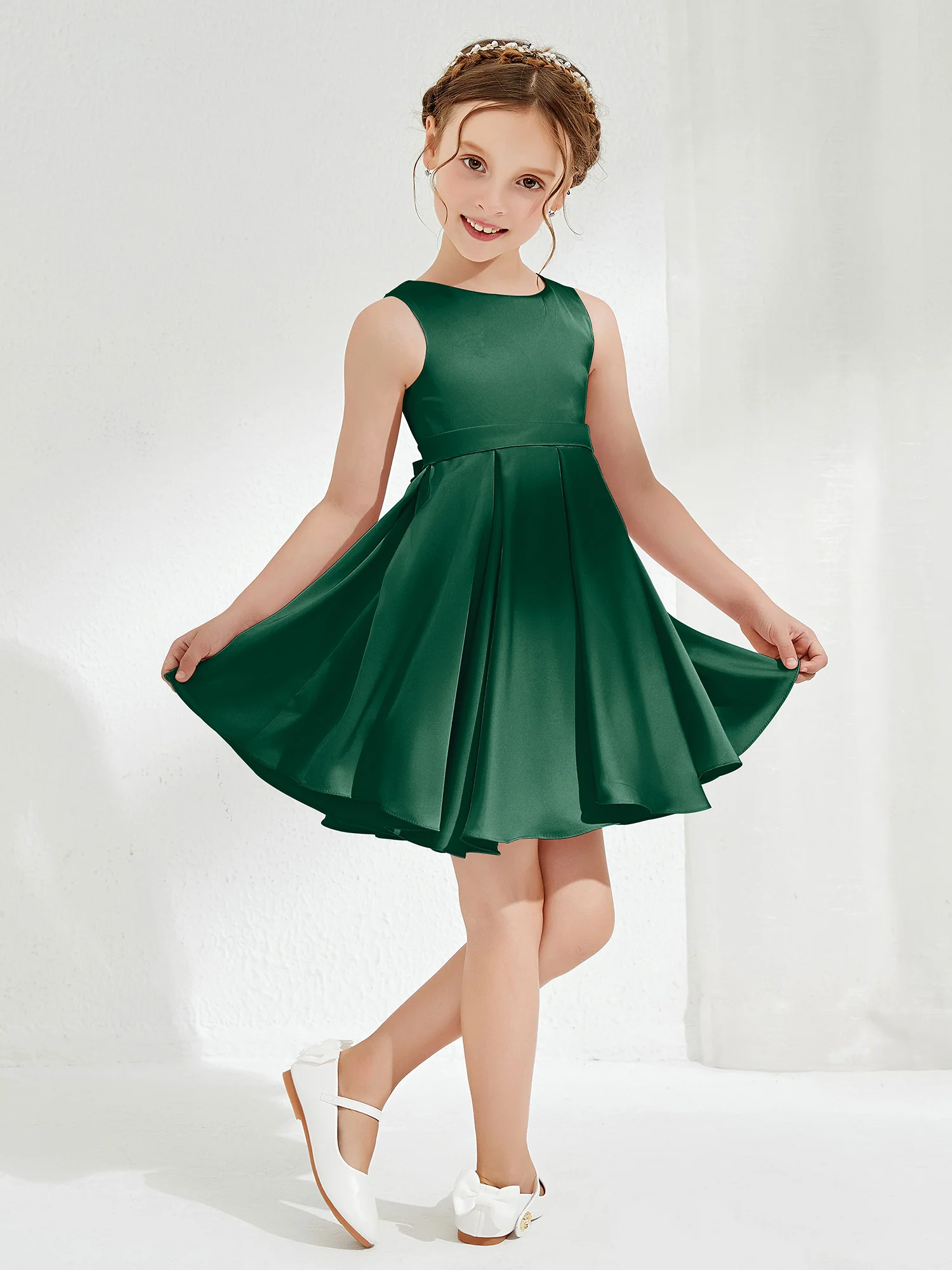 Cute Scoop Pleated Knee-Length Girl's Dress Dark Green