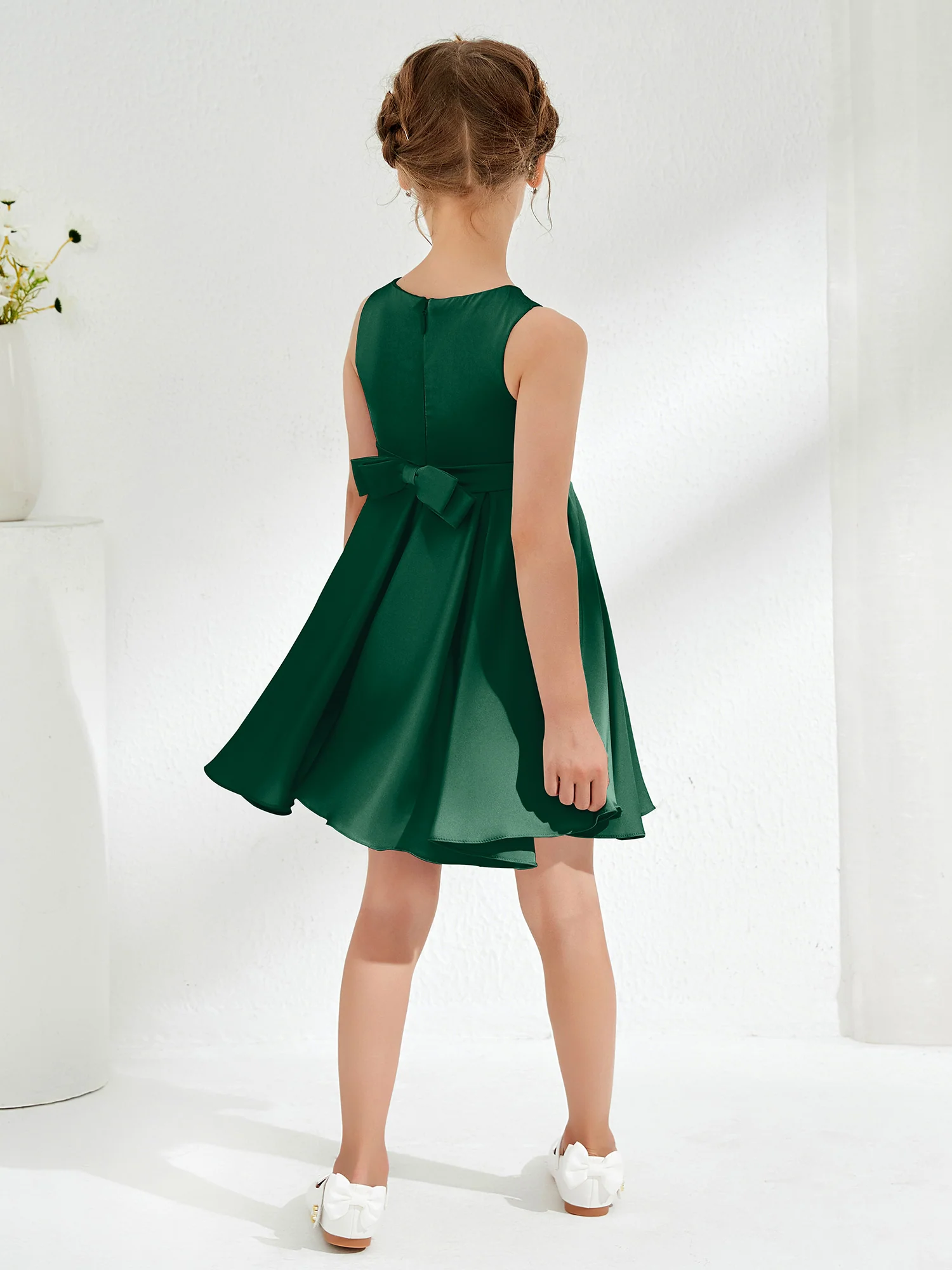 Cute Scoop Pleated Knee-Length Girl's Dress Dark Green - Image 2