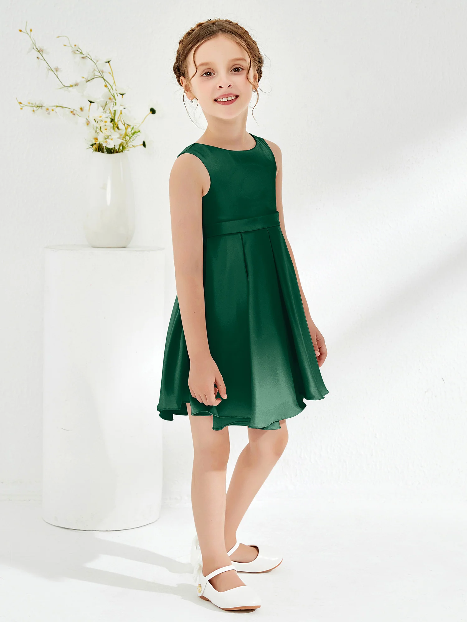 Cute Scoop Pleated Knee-Length Girl's Dress Dark Green - Image 3
