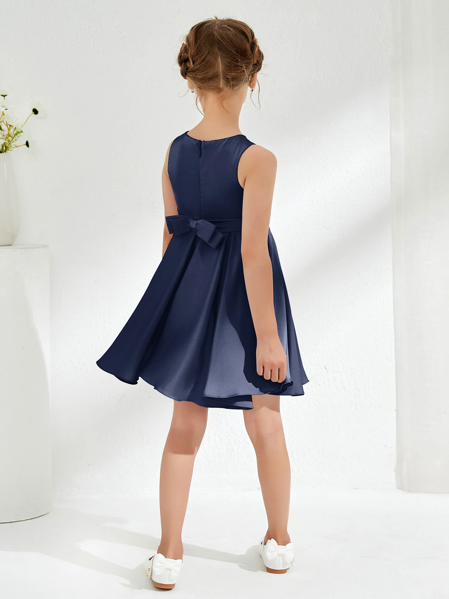 Cute Scoop Pleated Knee-Length Girl's Dress Dark Navy - Image 2