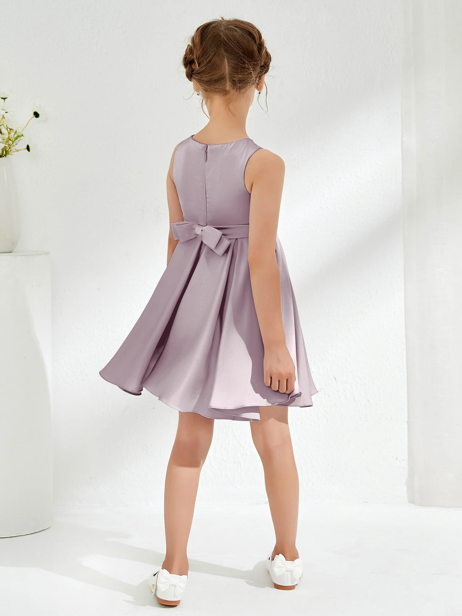 Cute Scoop Pleated Knee-Length Girl's Dress Dusk - Image 2