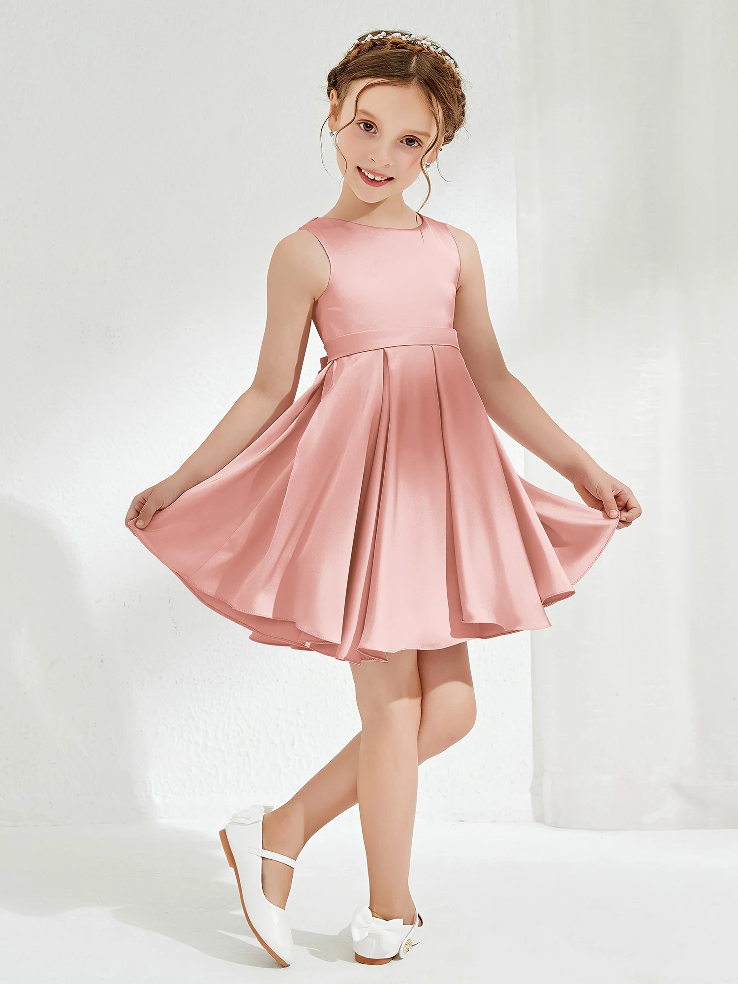Cute Scoop Pleated Knee-Length Girl's Dress Dusty Rose
