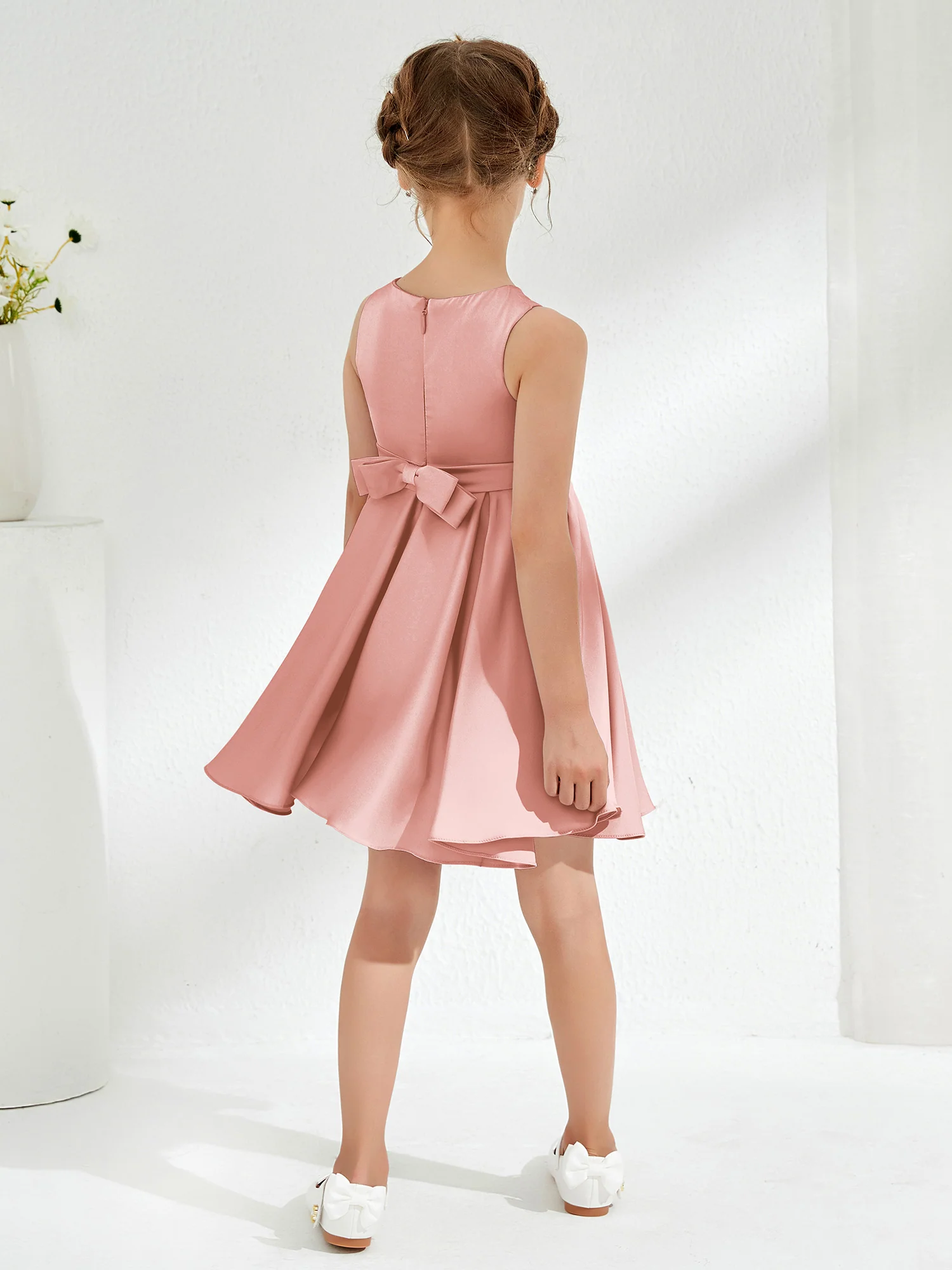 Cute Scoop Pleated Knee-Length Girl's Dress Dusty Rose - Image 2