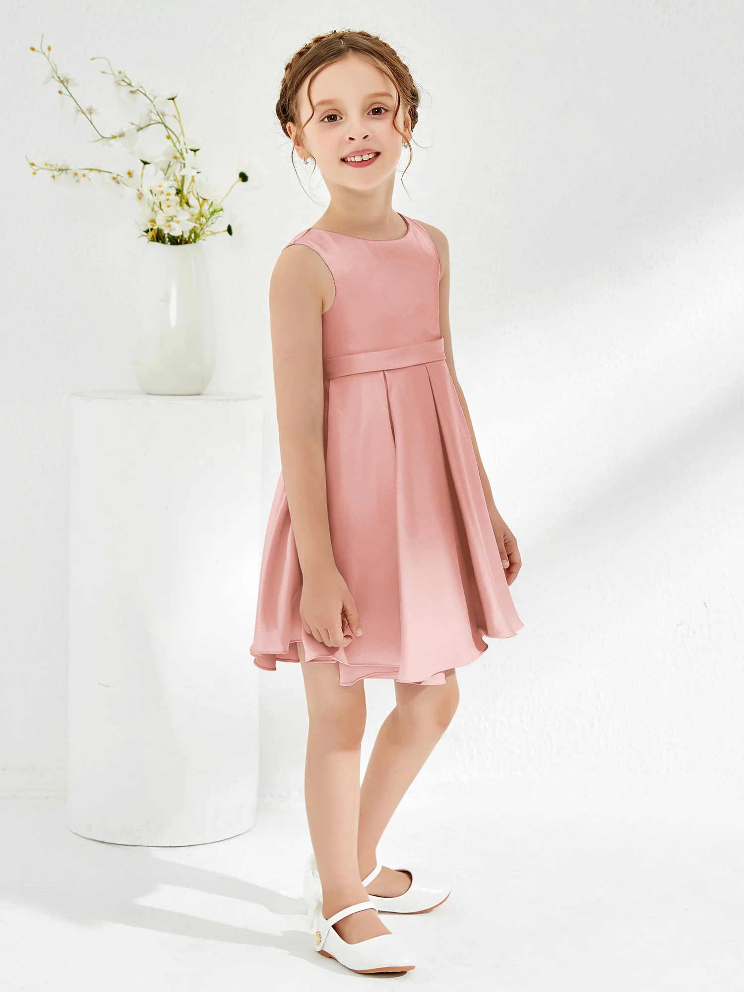 Cute Scoop Pleated Knee-Length Girl's Dress Dusty Rose - Image 3
