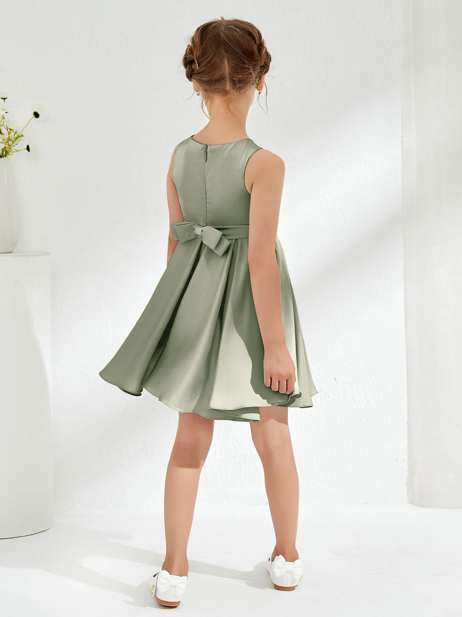 Cute Scoop Pleated Knee-Length Girl's Dress Dusty Sage - Image 2
