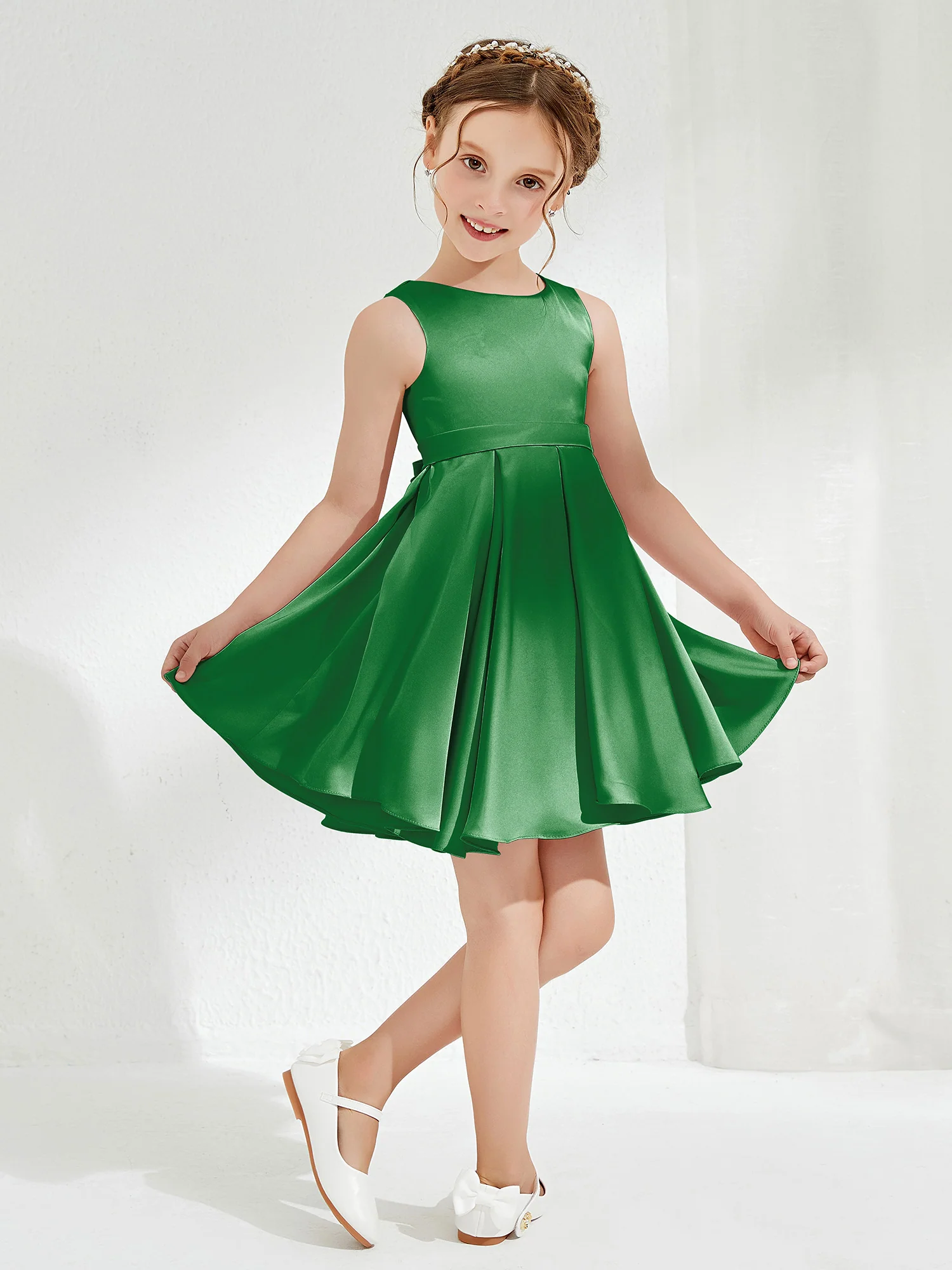 Cute Scoop Pleated Knee-Length Girl's Dress Emerald