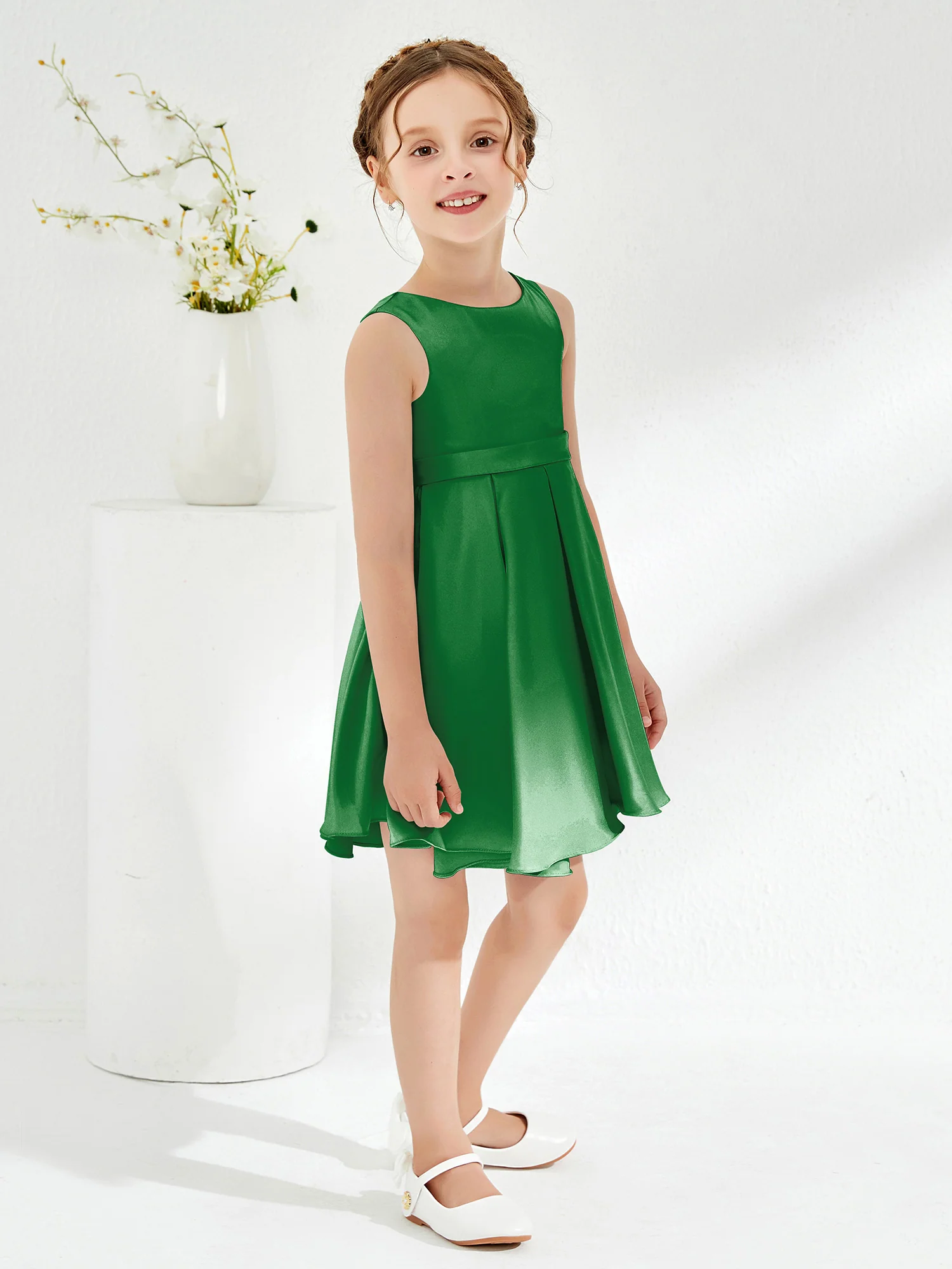 Cute Scoop Pleated Knee-Length Girl's Dress Emerald - Image 3