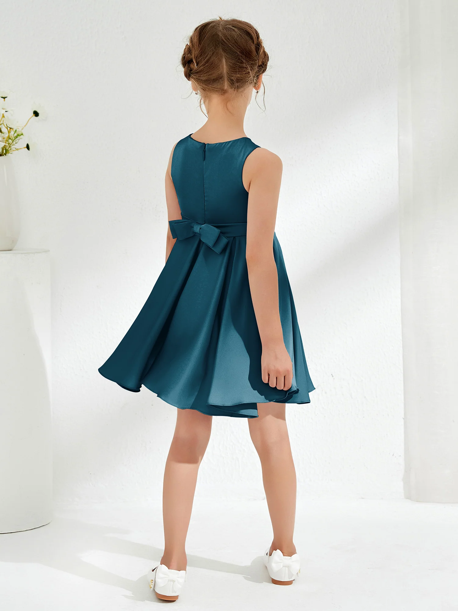 Cute Scoop Pleated Knee-Length Girl's Dress Ink Blue - Image 2