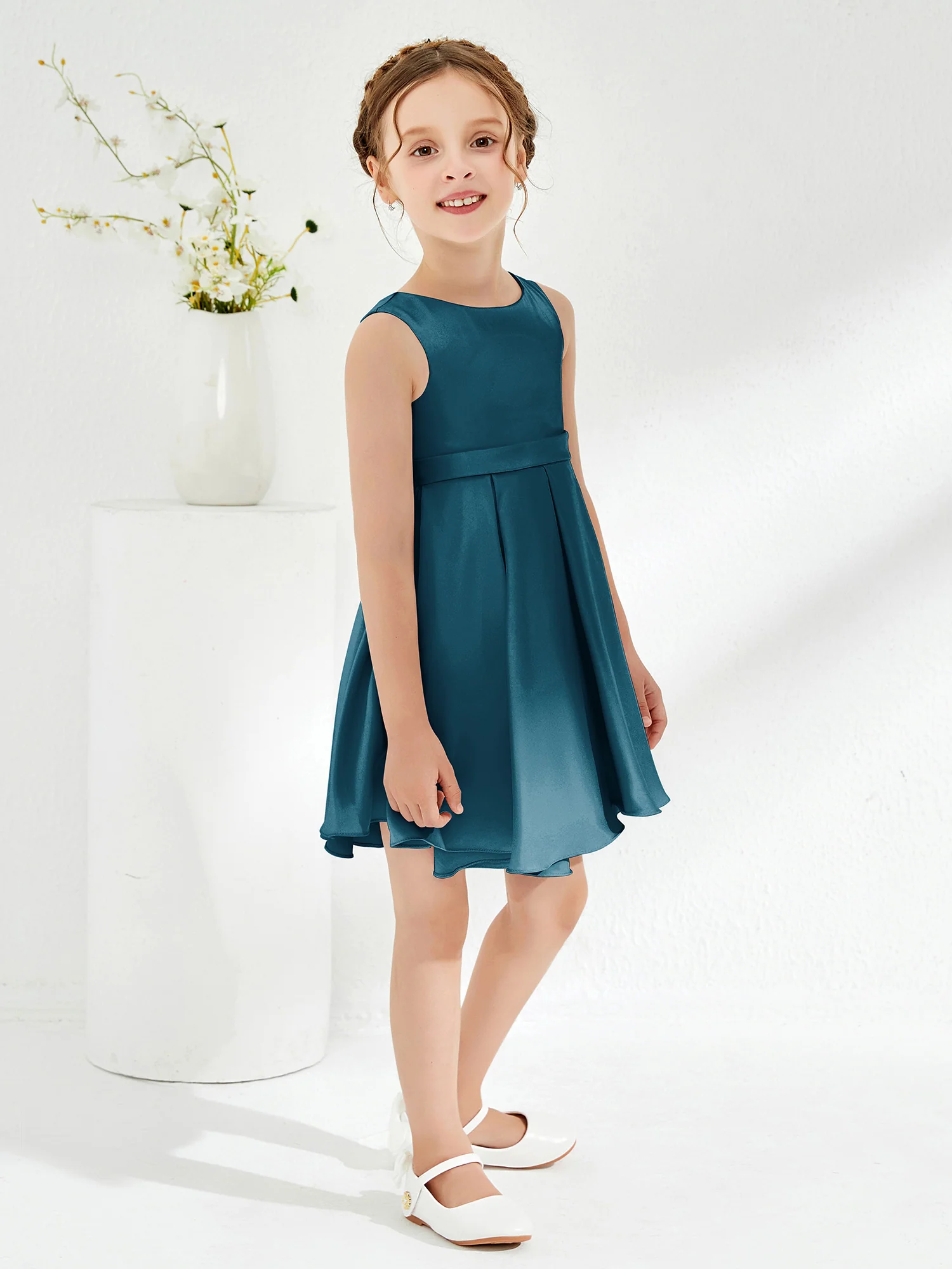Cute Scoop Pleated Knee-Length Girl's Dress Ink Blue - Image 3