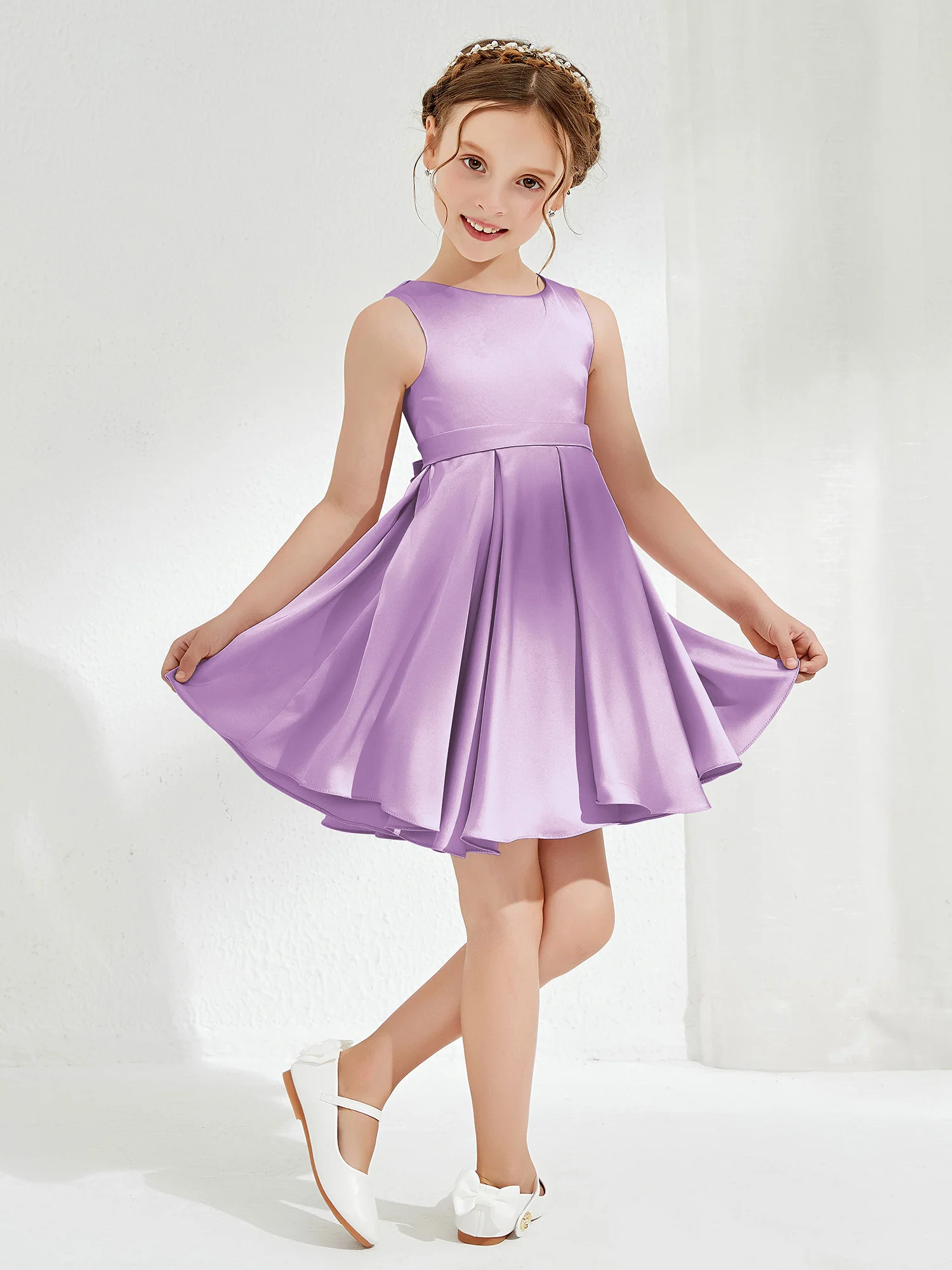 Cute Scoop Pleated Knee-Length Girl's Dress Lilac