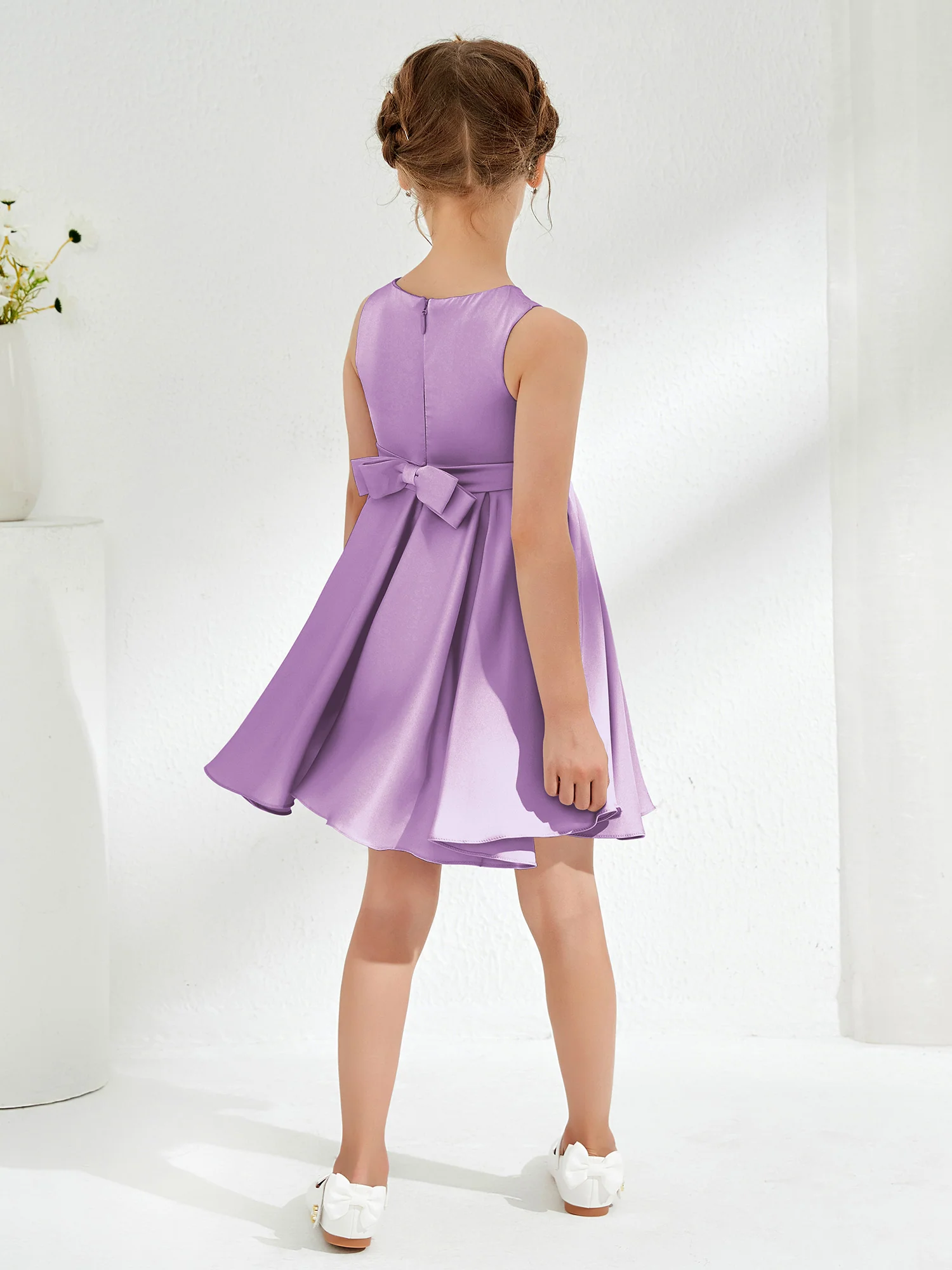 Cute Scoop Pleated Knee-Length Girl's Dress Lilac - Image 2