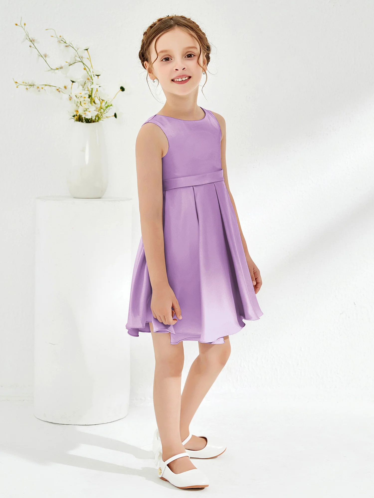 Cute Scoop Pleated Knee-Length Girl's Dress Lilac - Image 3