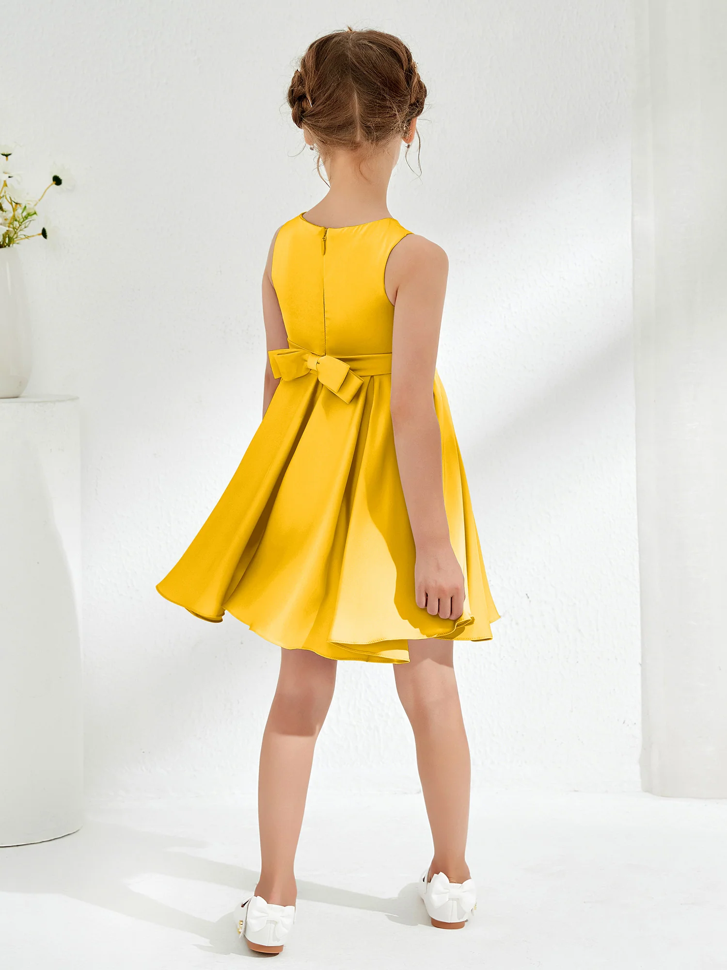 Cute Scoop Pleated Knee-Length Girl's Dress Marigold - Image 2