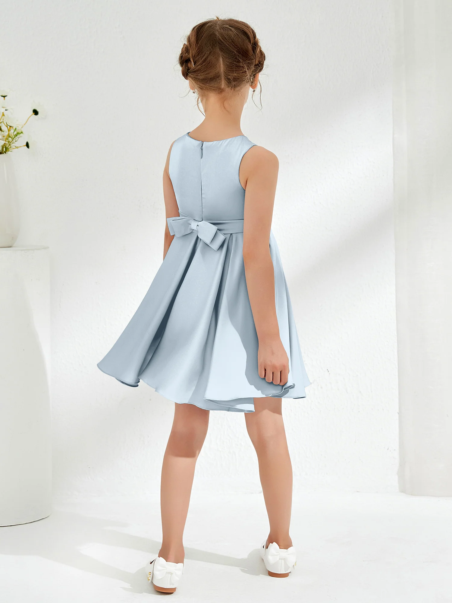 Cute Scoop Pleated Knee-Length Girl's Dress Mist - Image 2