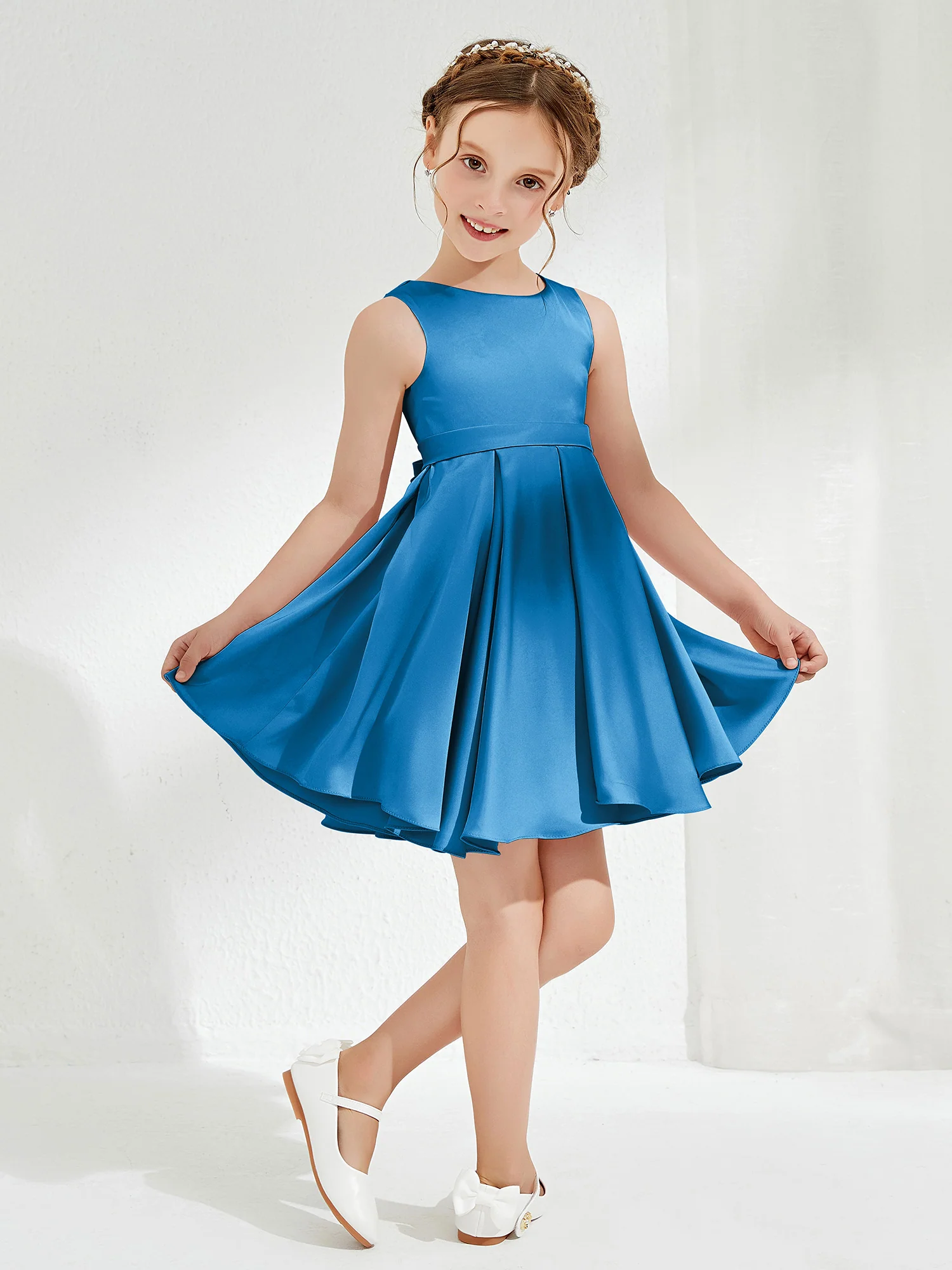 Cute Scoop Pleated Knee-Length Girl's Dress Ocean Blue