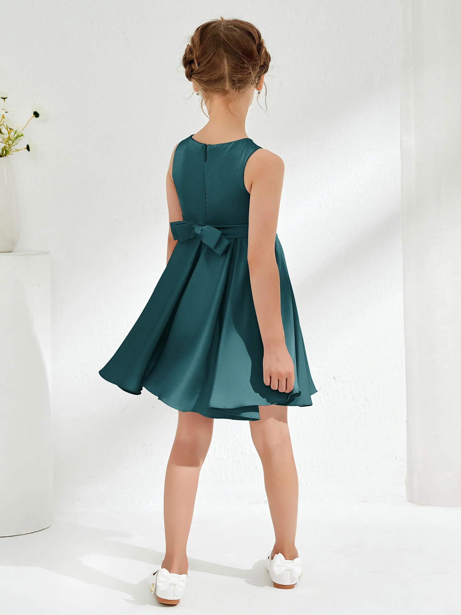 Cute Scoop Pleated Knee-Length Girl's Dress Peacock - Image 2