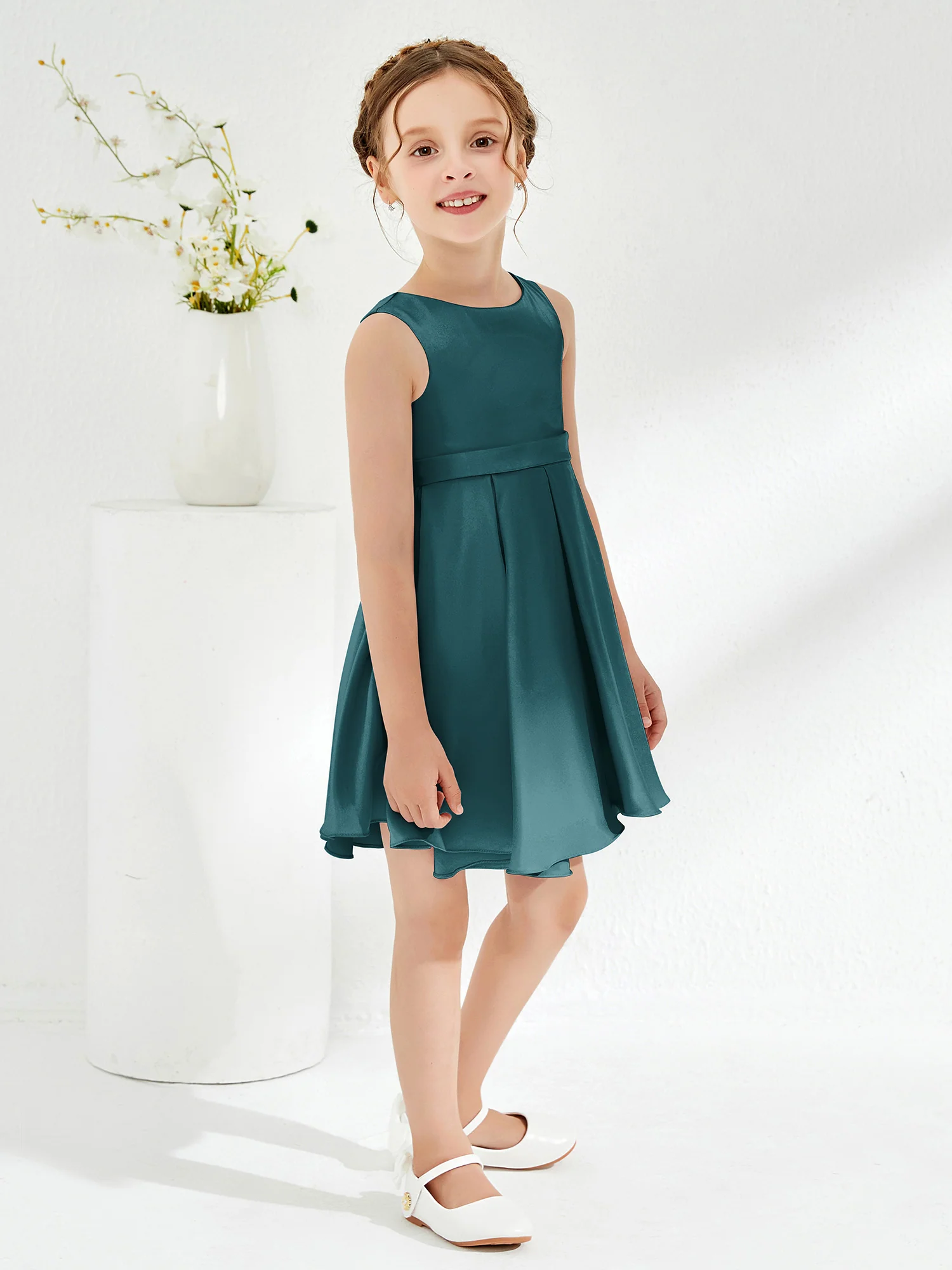 Cute Scoop Pleated Knee-Length Girl's Dress Peacock - Image 3