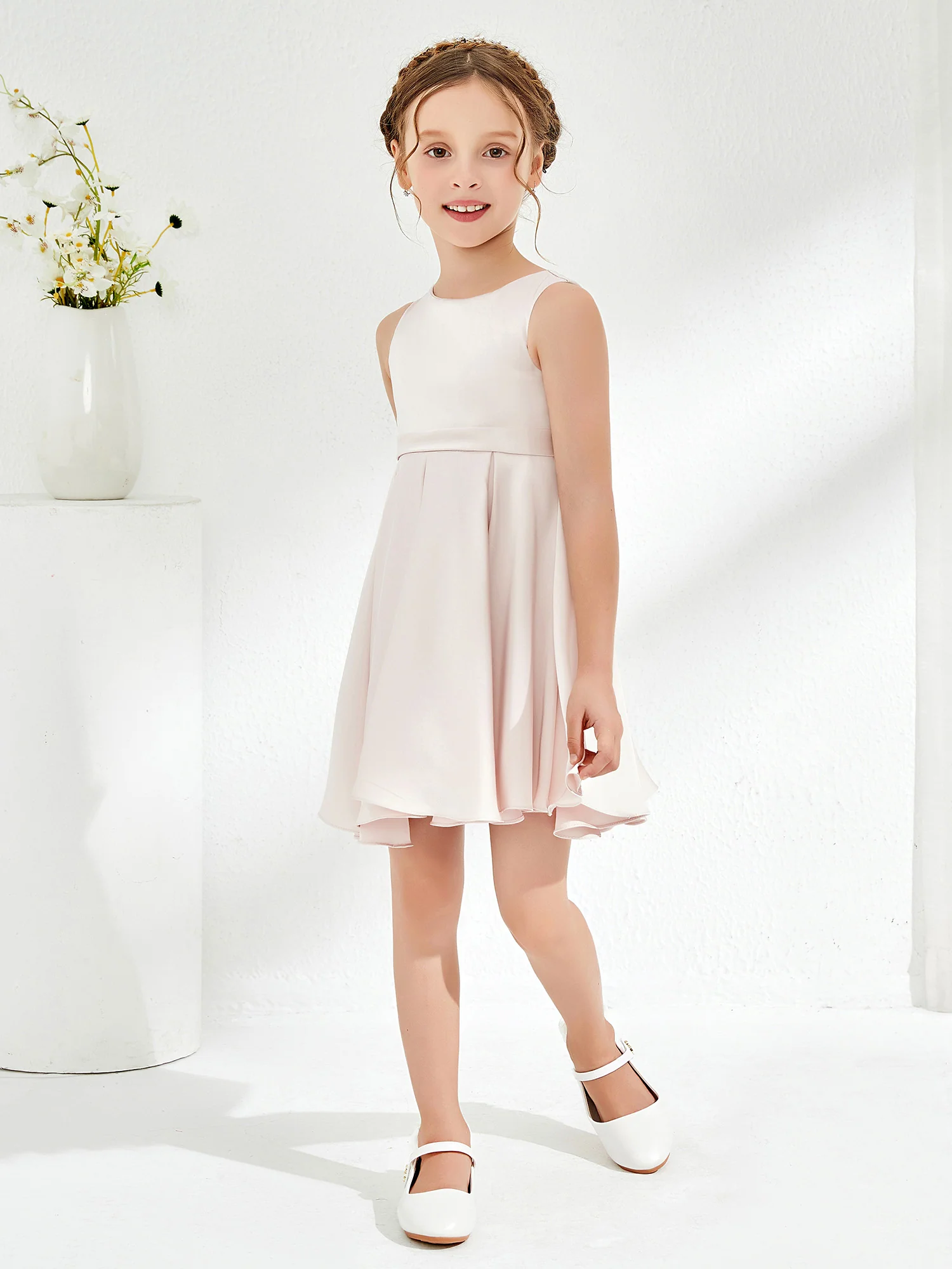 Cute Scoop Pleated Knee-Length Girl's Dress Rose Petal - Image 6