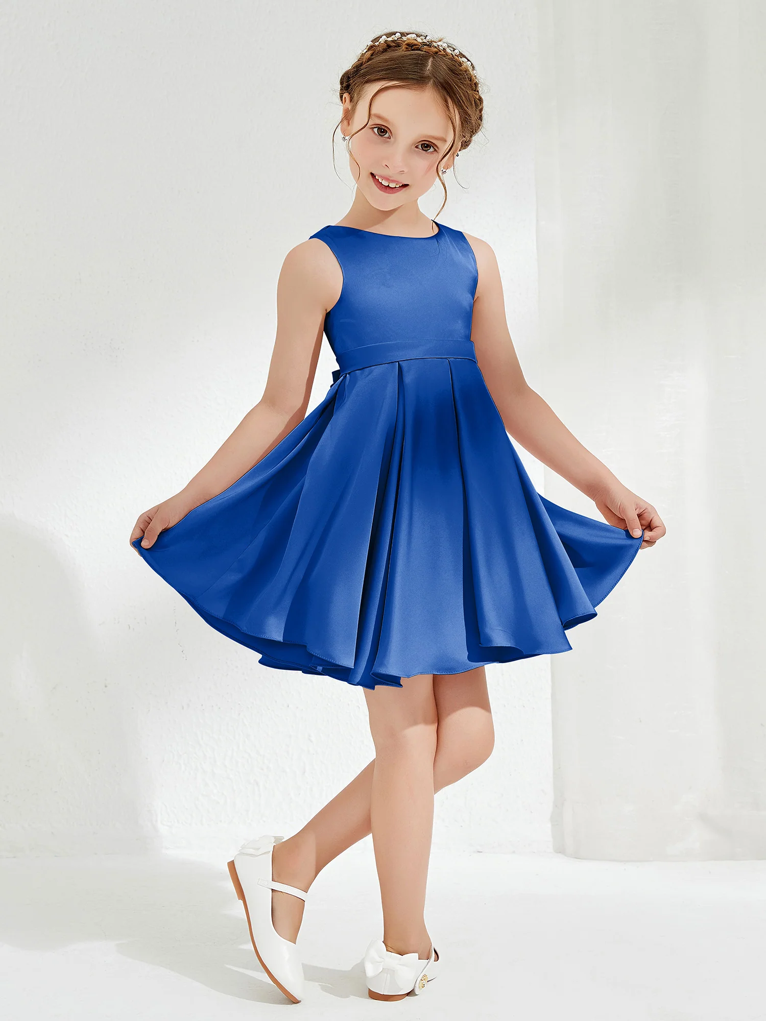 Cute Scoop Pleated Knee-Length Girl's Dress Royal Blue
