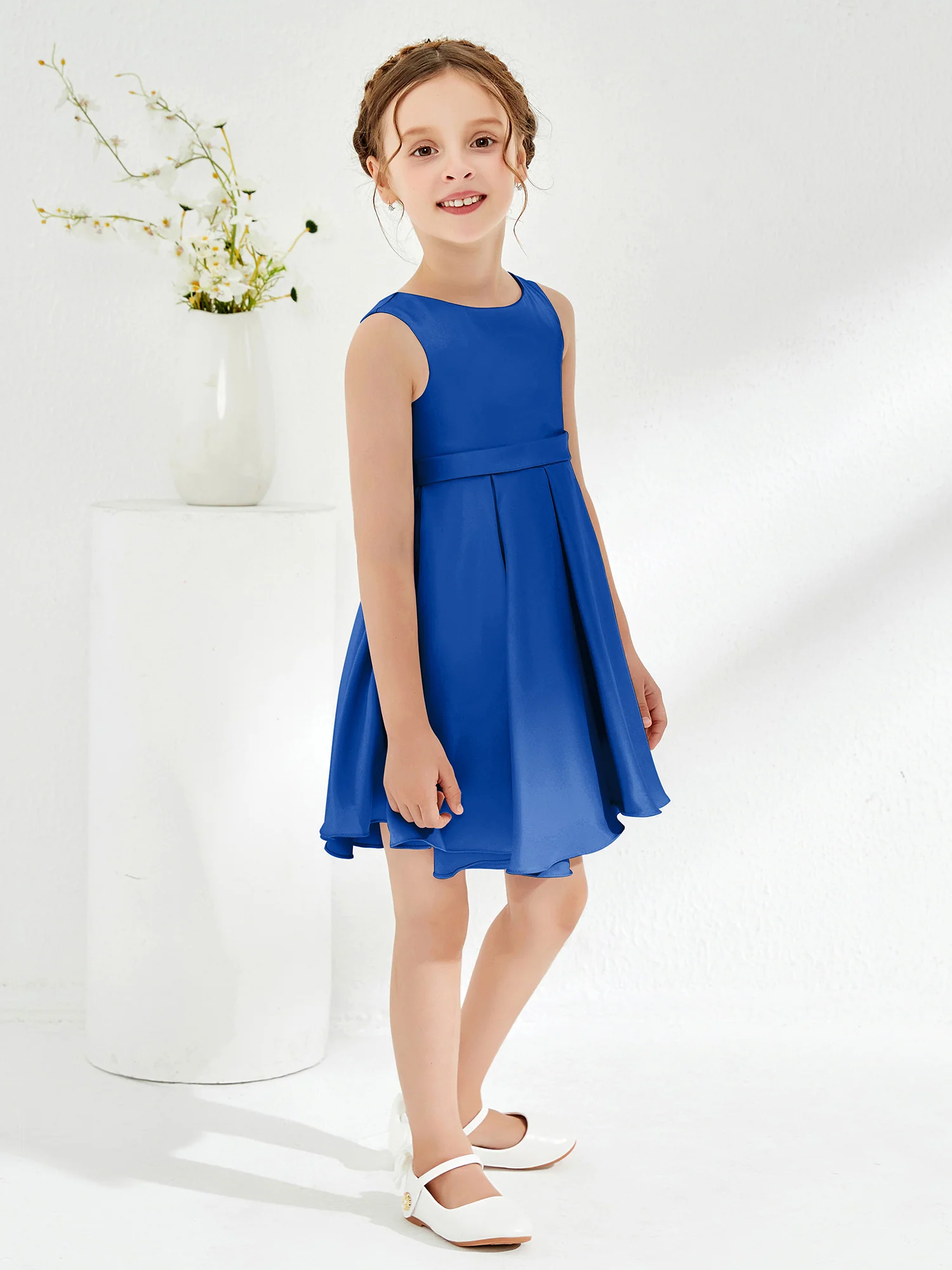 Cute Scoop Pleated Knee-Length Girl's Dress Royal Blue - Image 3