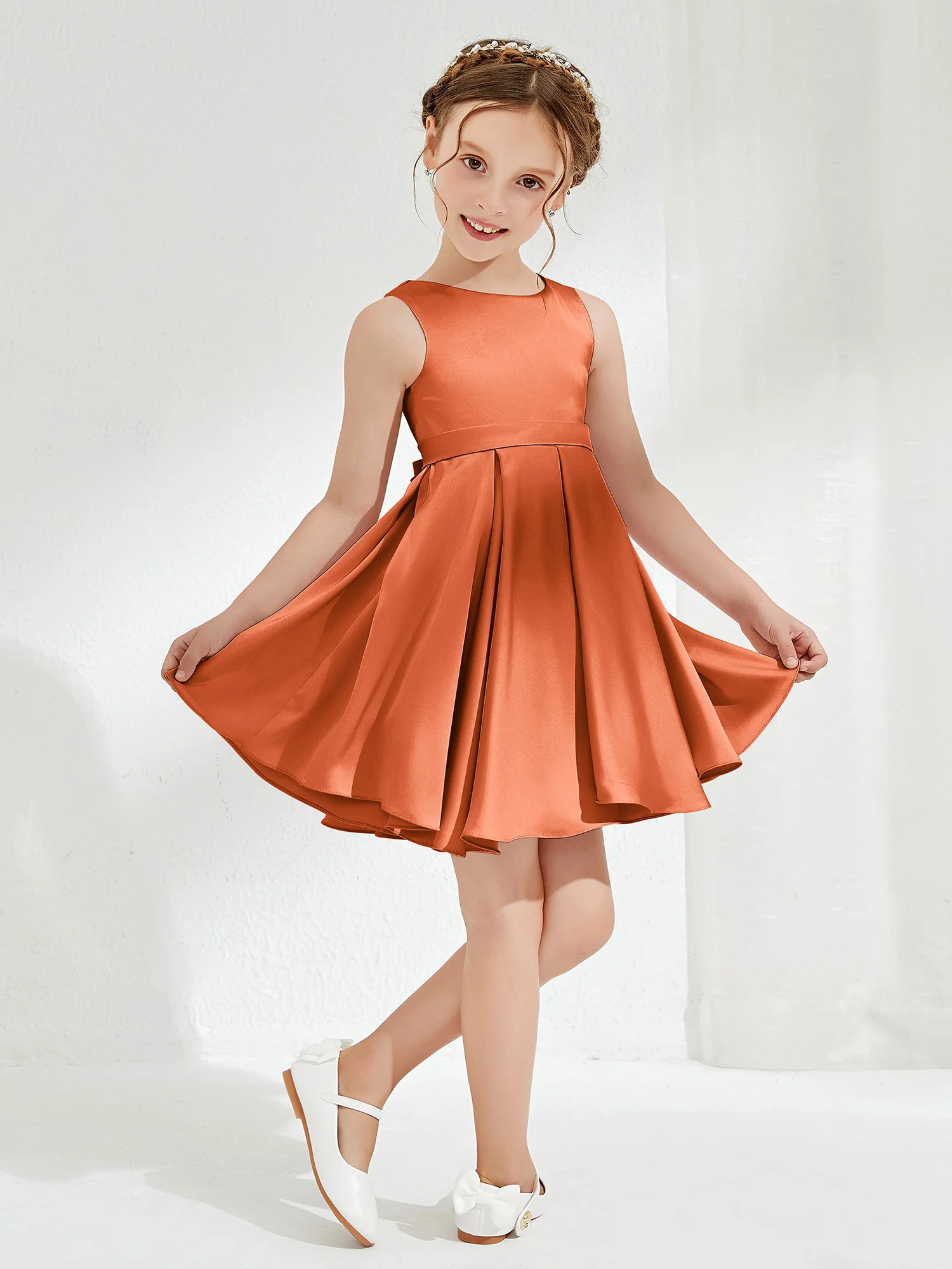 Cute Scoop Pleated Knee-Length Girl's Dress Rust