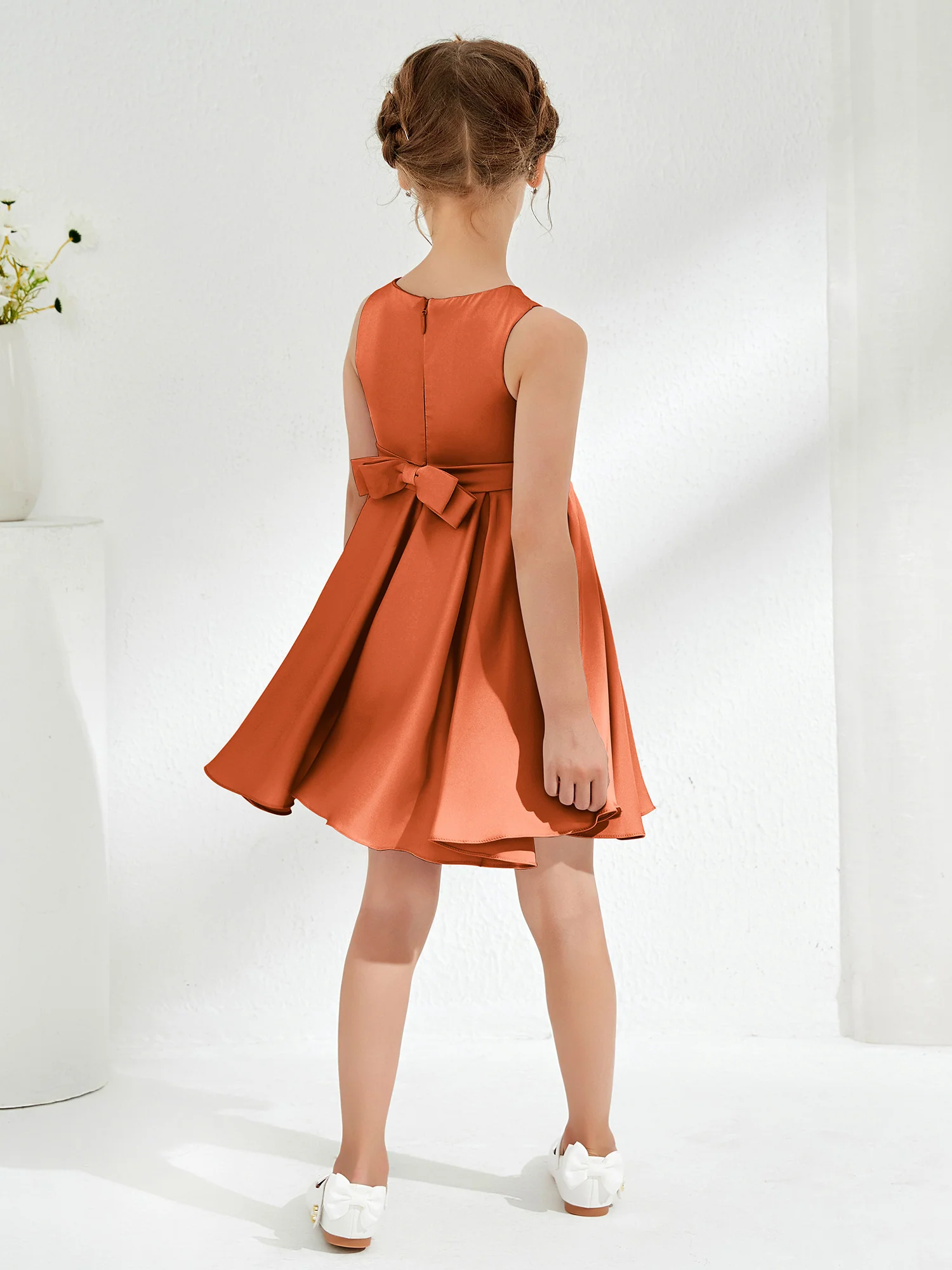 Cute Scoop Pleated Knee-Length Girl's Dress Rust - Image 2