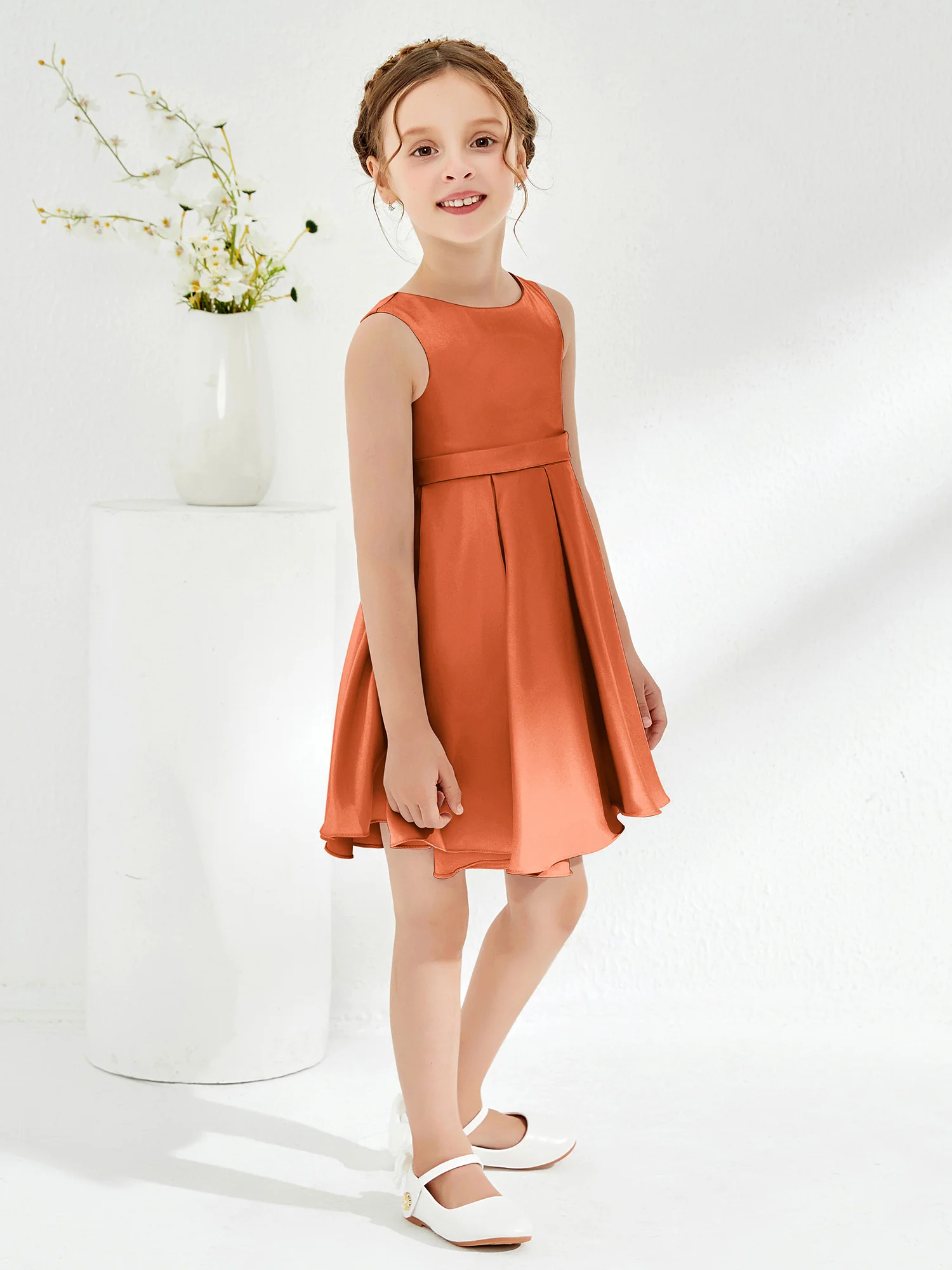 Cute Scoop Pleated Knee-Length Girl's Dress Rust - Image 3
