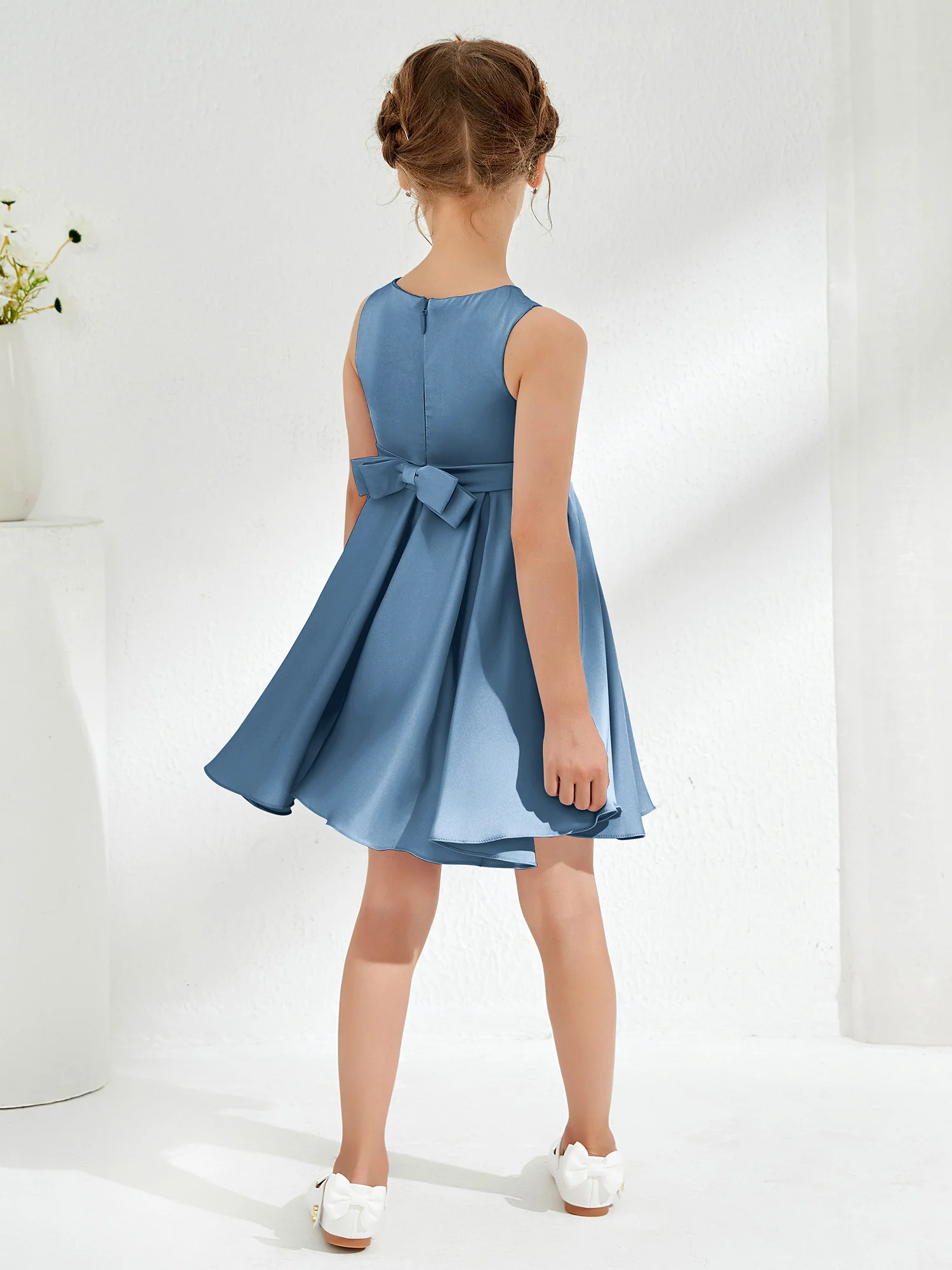 Cute Scoop Pleated Knee-Length Girl's Dress Slate Blue - Image 2