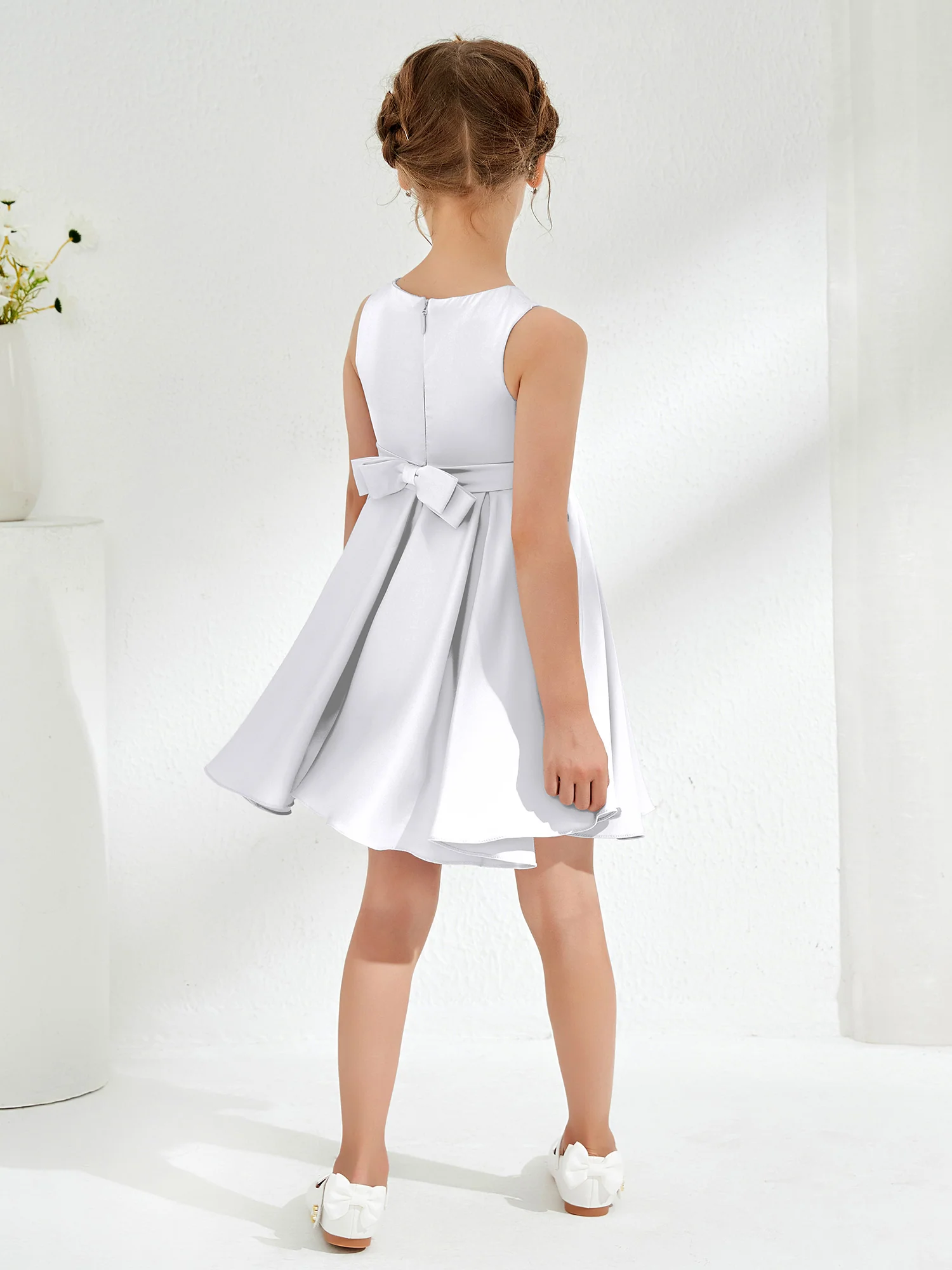 Cute Scoop Pleated Knee-Length Girl's Dress White - Image 2