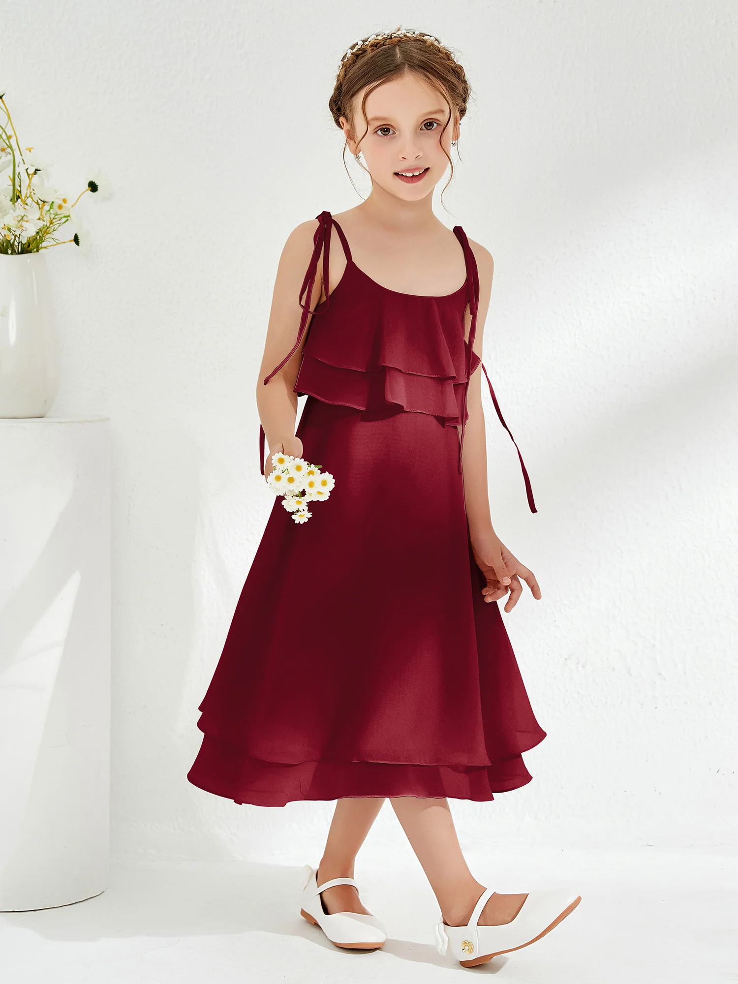 Cute Two Layers Ruffles Junior Bridesmaid Dresses Burgundy - Image 3