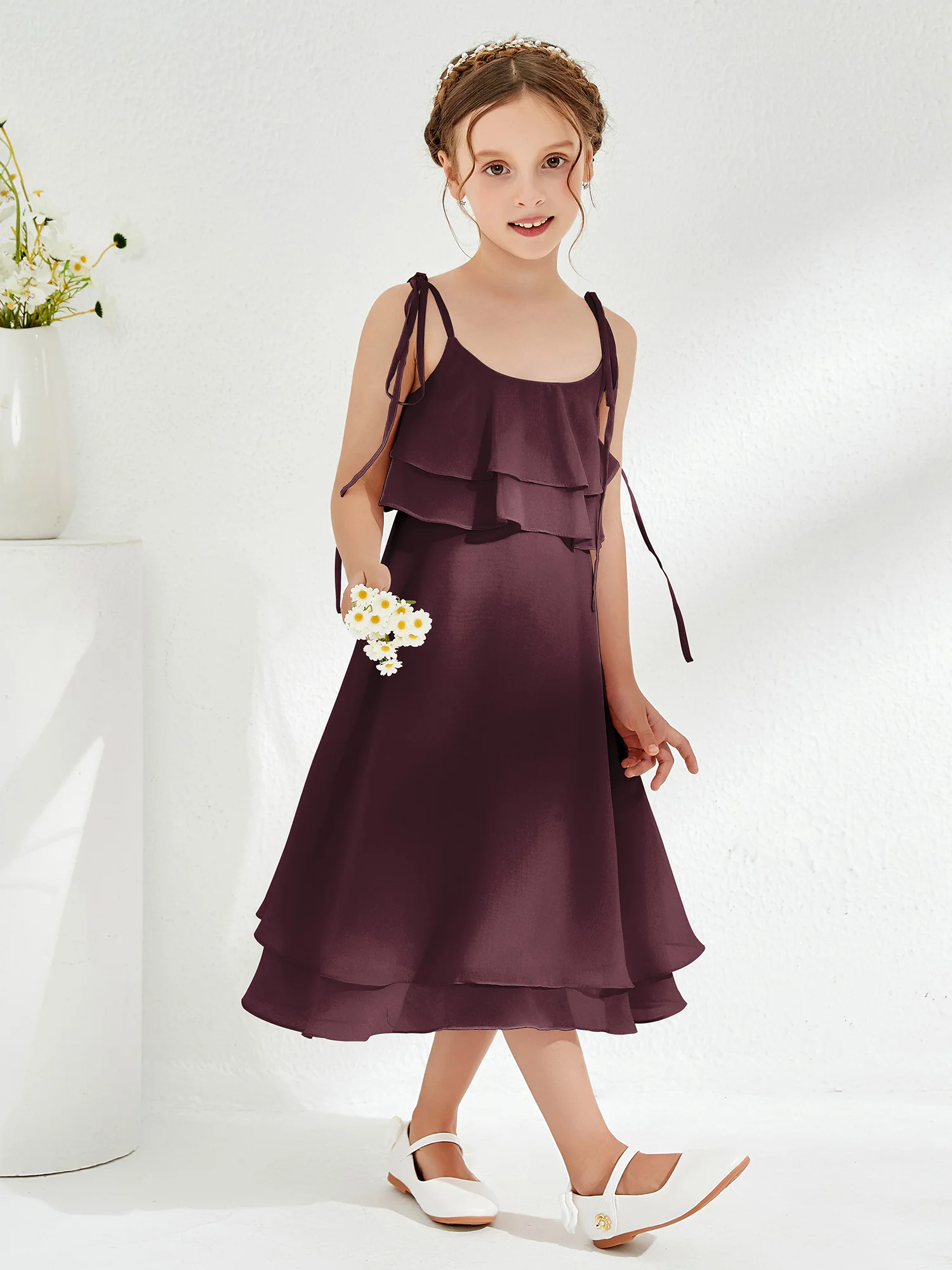 Cute Two Layers Ruffles Junior Bridesmaid Dresses Cabernet - Image 3