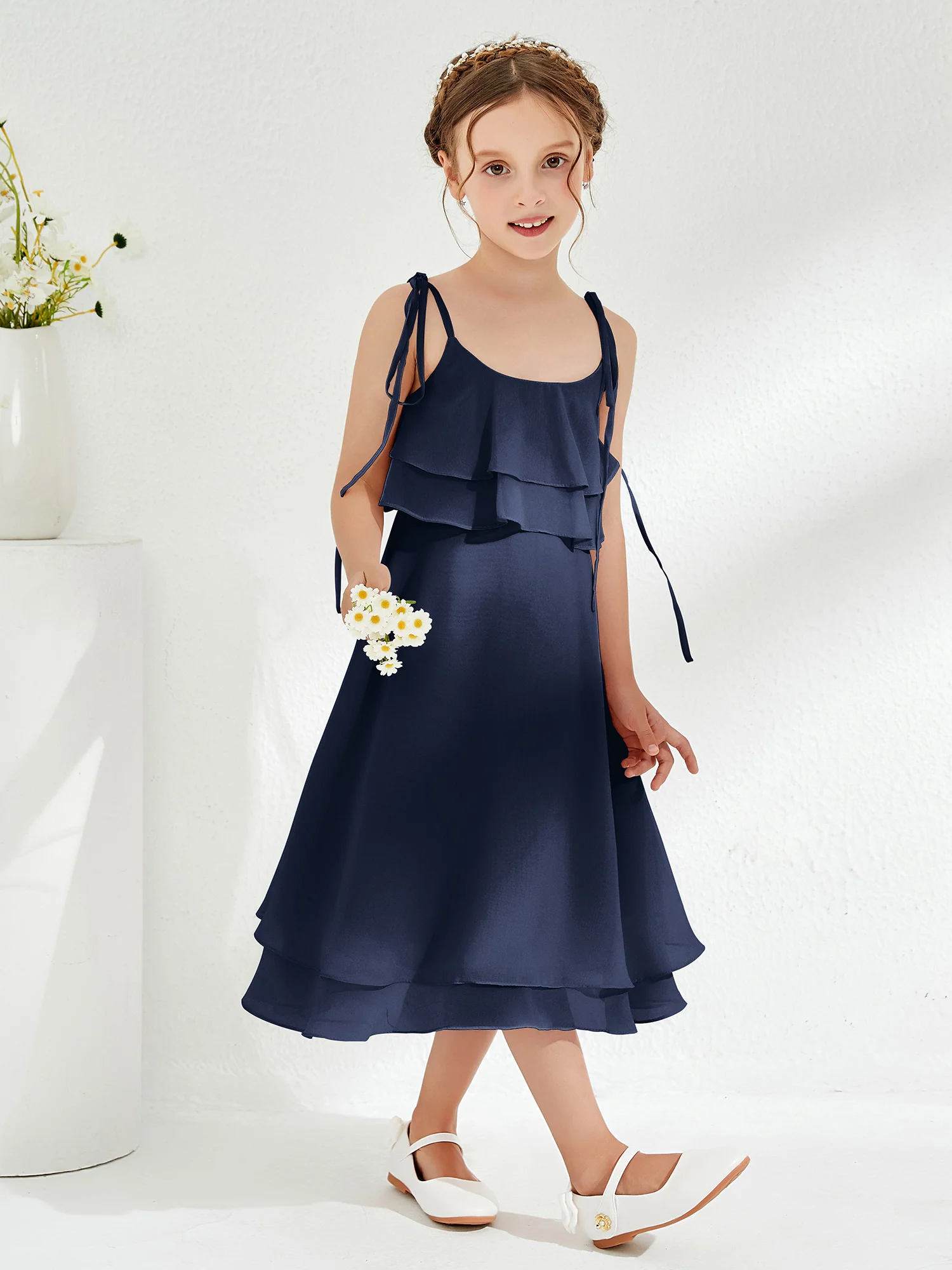 Cute Two Layers Ruffles Junior Bridesmaid Dresses Dark Navy - Image 3