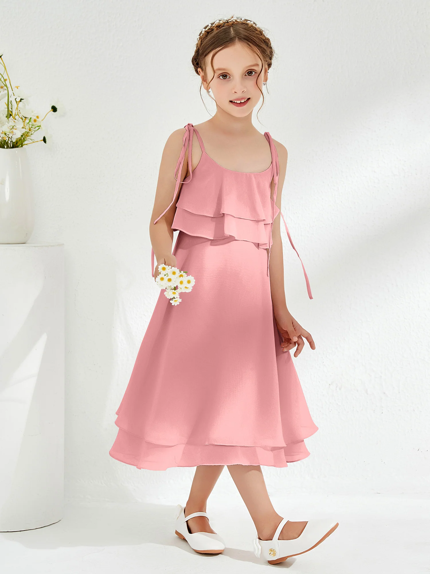 Cute Two Layers Ruffles Junior Bridesmaid Dresses Flamingo - Image 3
