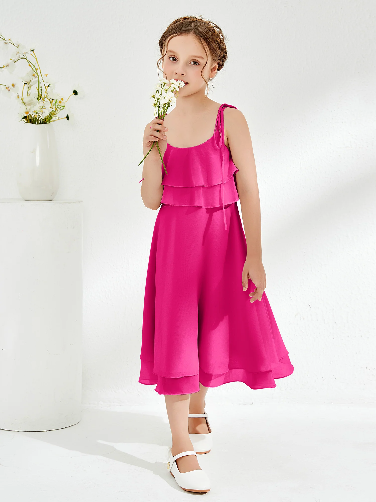 Cute Two Layers Ruffles Junior Bridesmaid Dresses Fuchsia