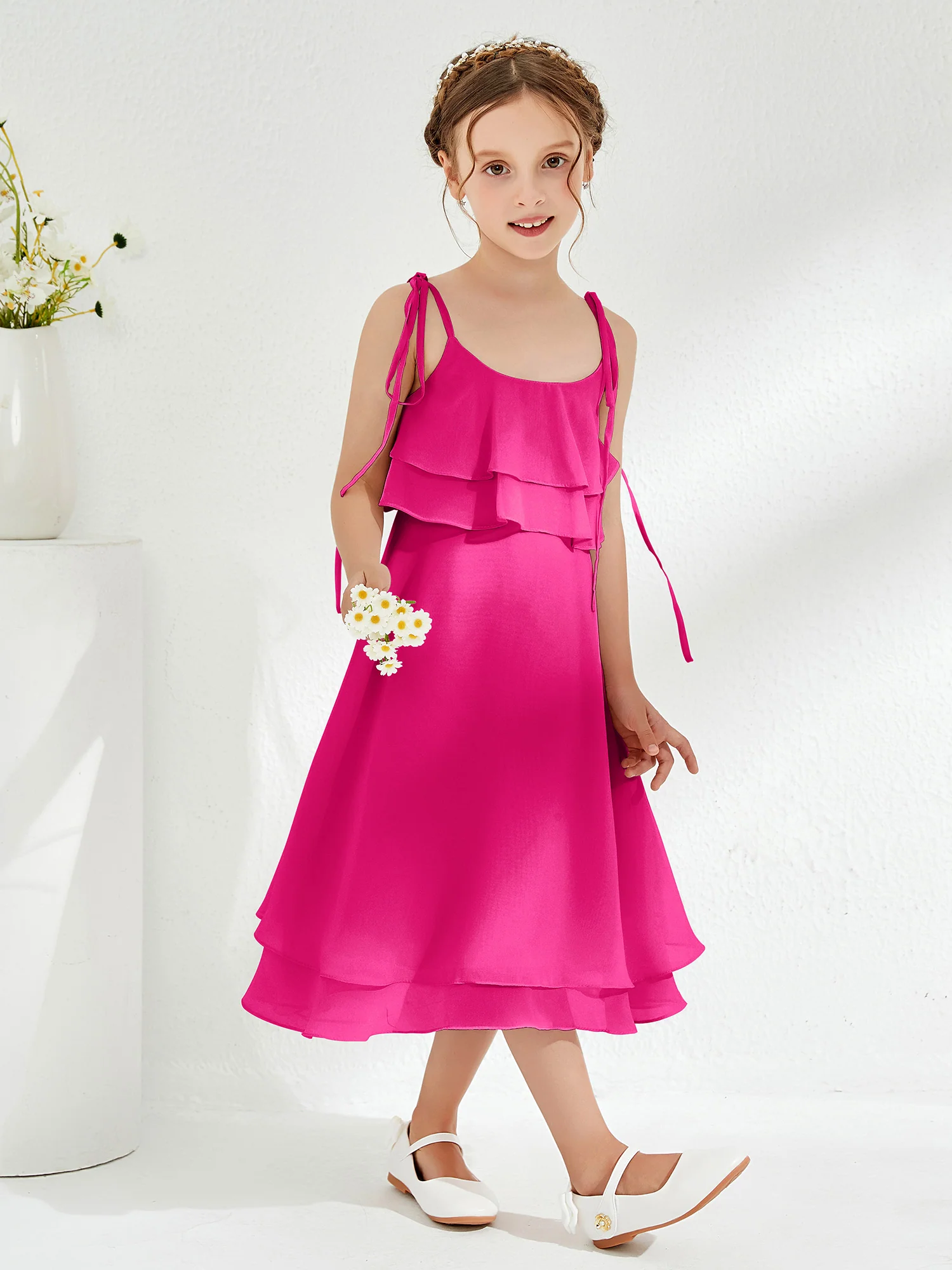 Cute Two Layers Ruffles Junior Bridesmaid Dresses Fuchsia - Image 3