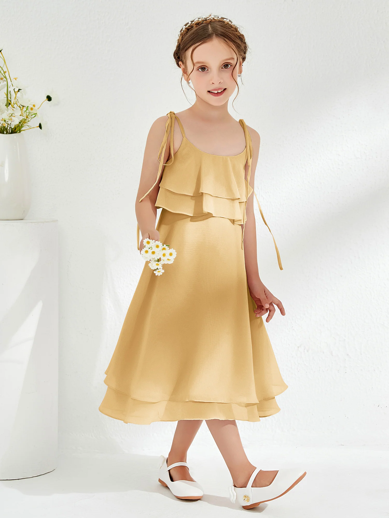 Cute Two Layers Ruffles Junior Bridesmaid Dresses Gold - Image 3