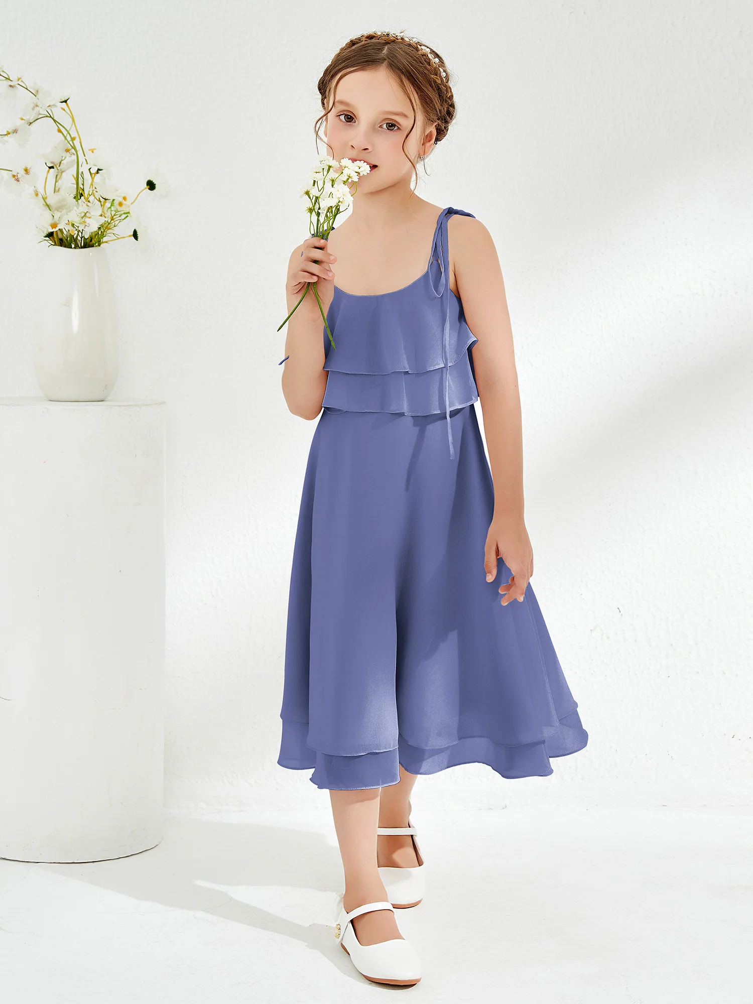Cute Two Layers Ruffles Junior Bridesmaid Dresses Periwinkle