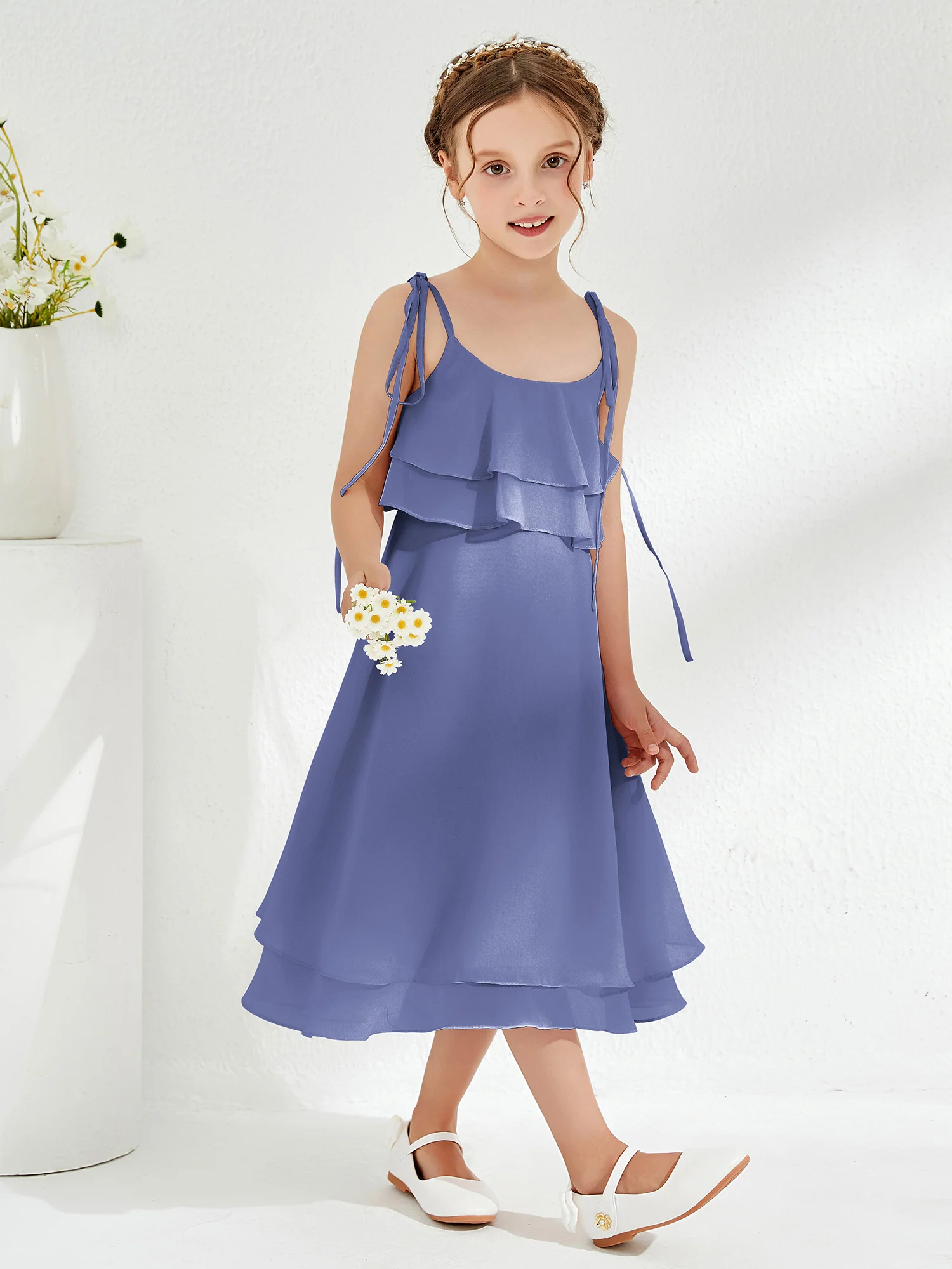 Cute Two Layers Ruffles Junior Bridesmaid Dresses Periwinkle - Image 3