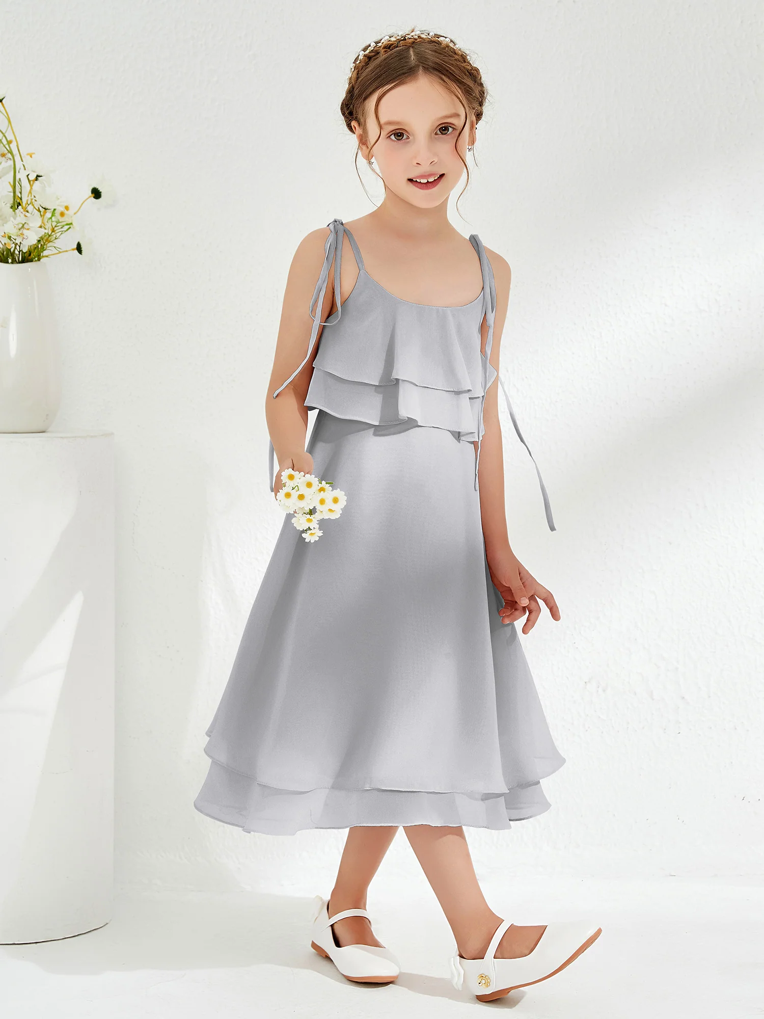 Cute Two Layers Ruffles Junior Bridesmaid Dresses Silver - Image 3