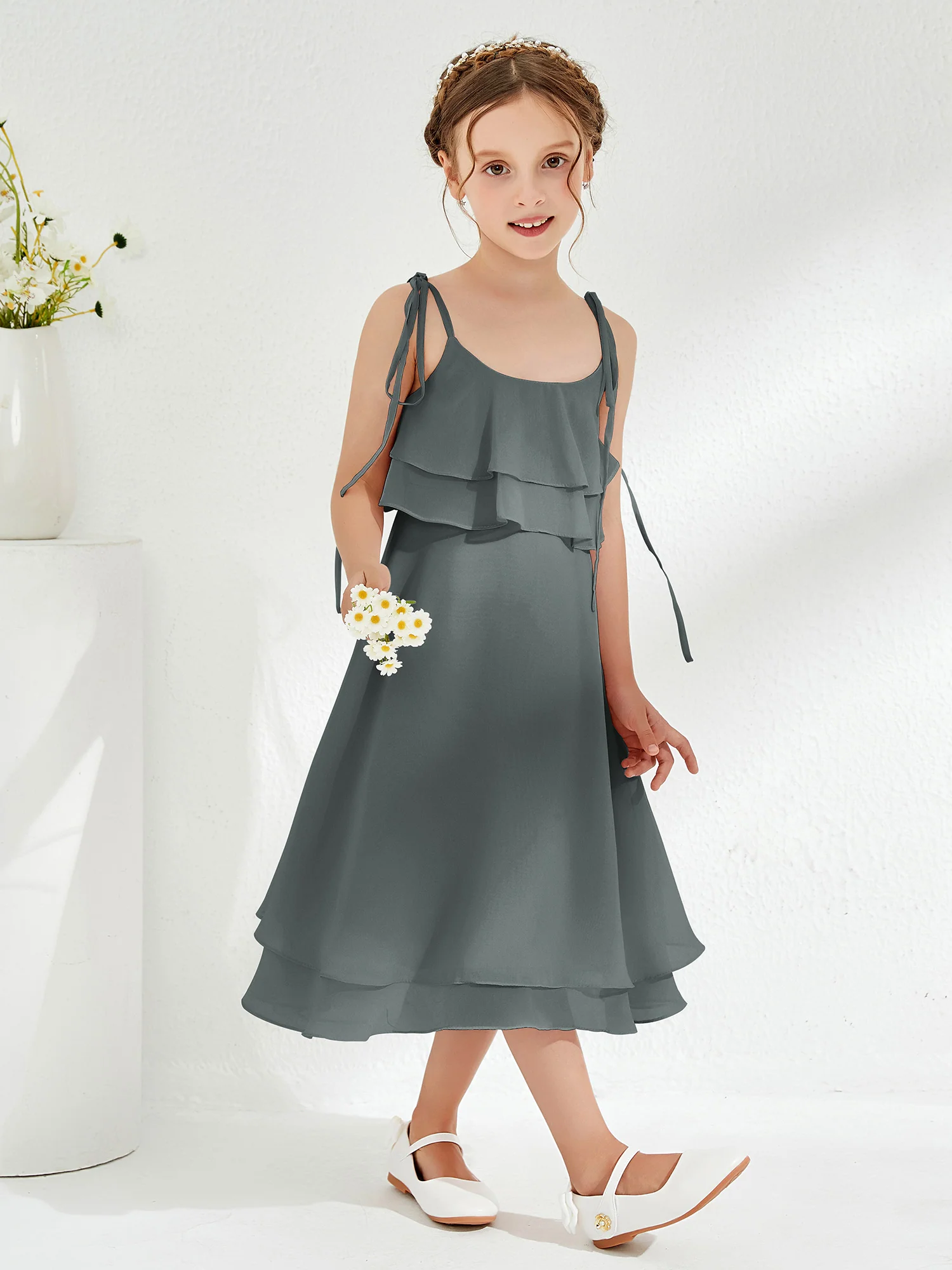 Cute Two Layers Ruffles Junior Bridesmaid Dresses Steel Grey - Image 3