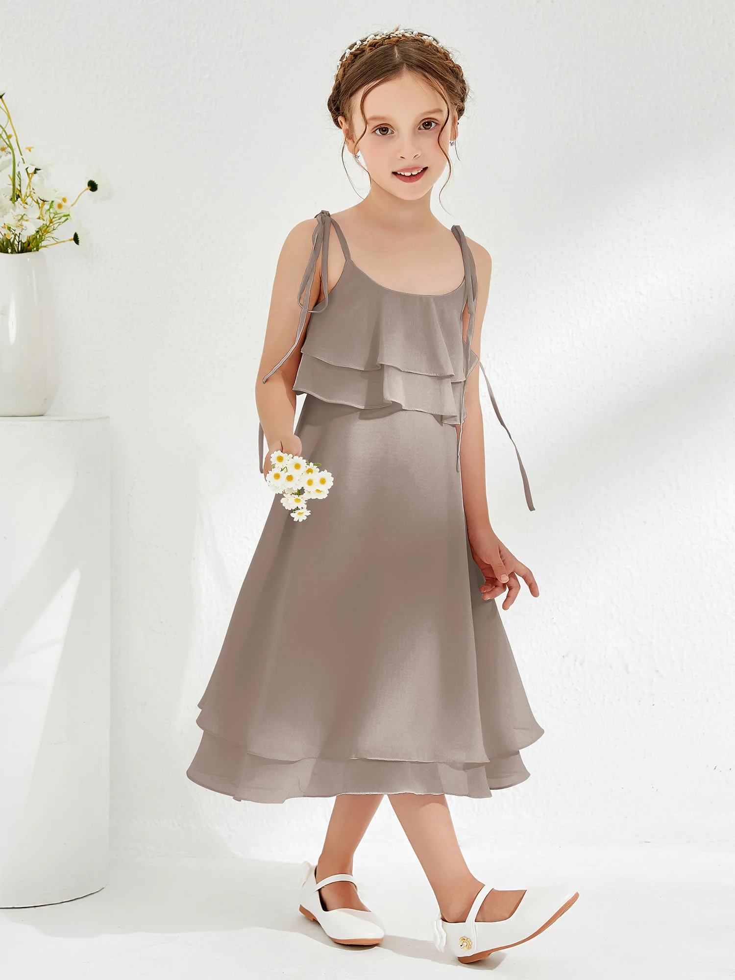 Cute Two Layers Ruffles Junior Bridesmaid Dresses Taupe - Image 3