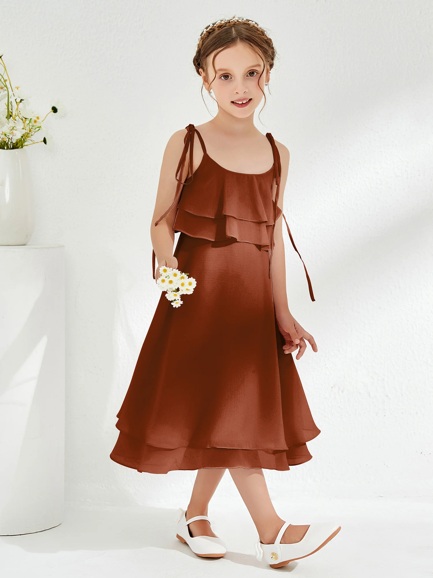 Cute Two Layers Ruffles Junior Bridesmaid Dresses Terracotta - Image 3