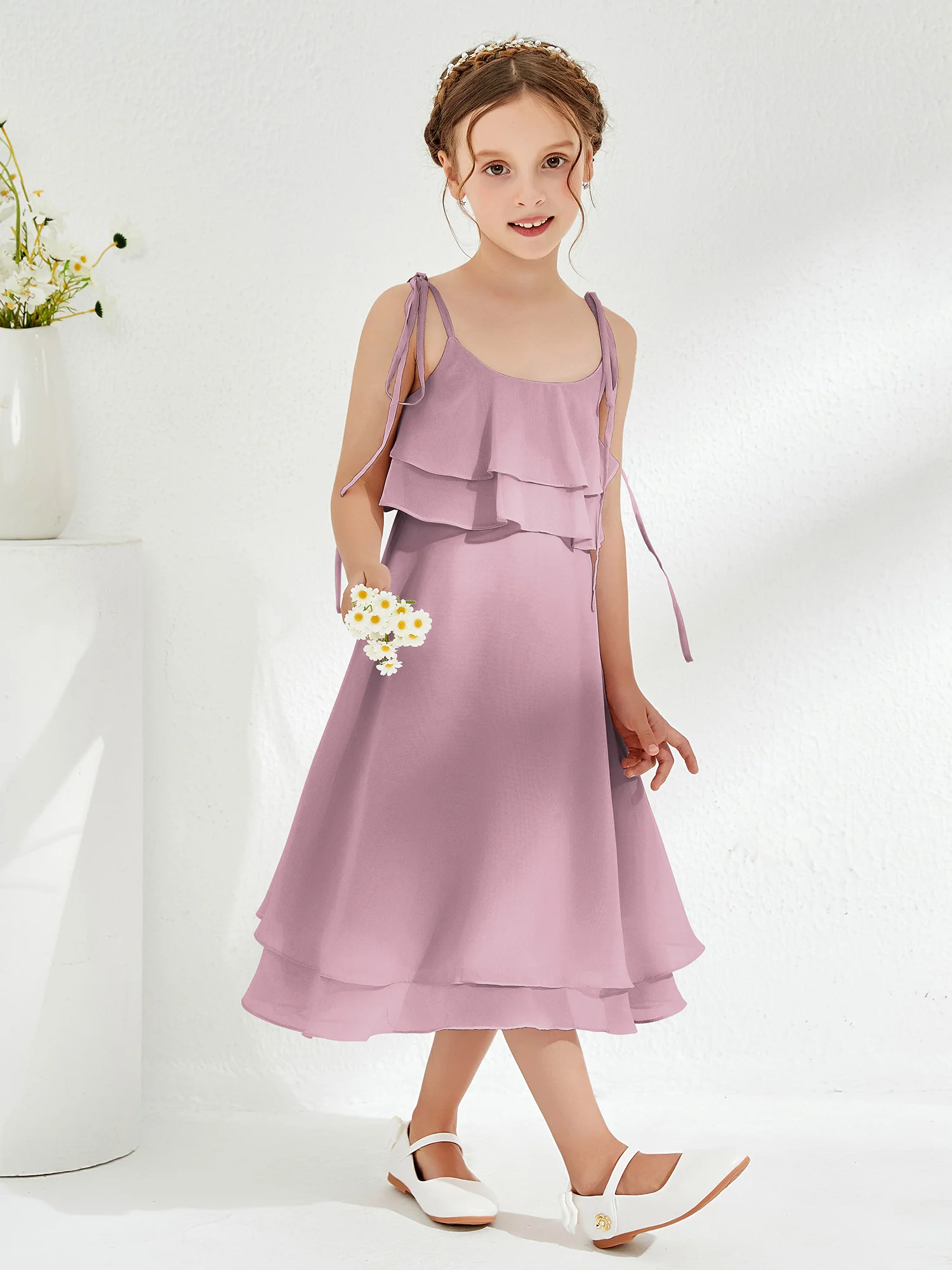 Cute Two Layers Ruffles Junior Bridesmaid Dresses Vintage Mauve - Image 3
